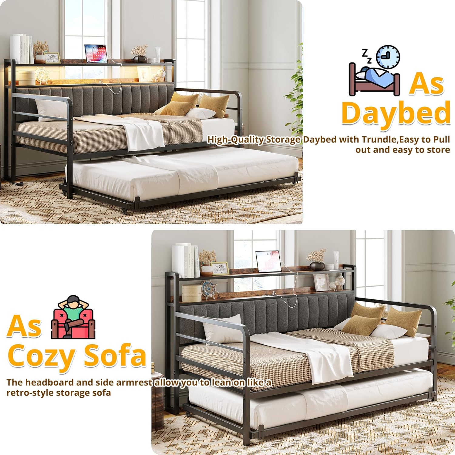 Image showing the ANCTOR daybed configured as a sofa and with the trundle pulled out as a second bed.