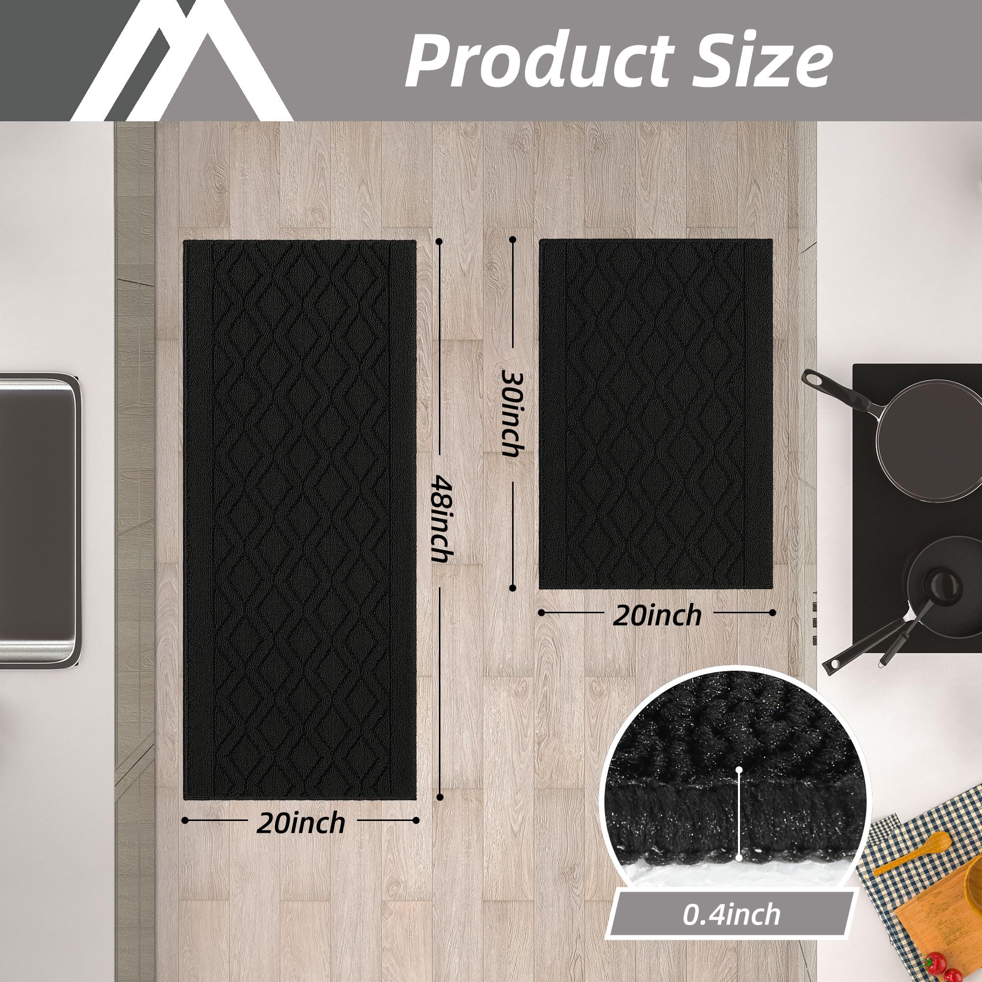 COSY HOMEER 121,9 x 50,8 cm/76,2 x 50,8 cm Küchenteppichmatten aus 100% Polypropylen, 2 Stück, weiche Küchenmatte, spezialisiert auf rutschfest und maschinenwaschbar, schwarz