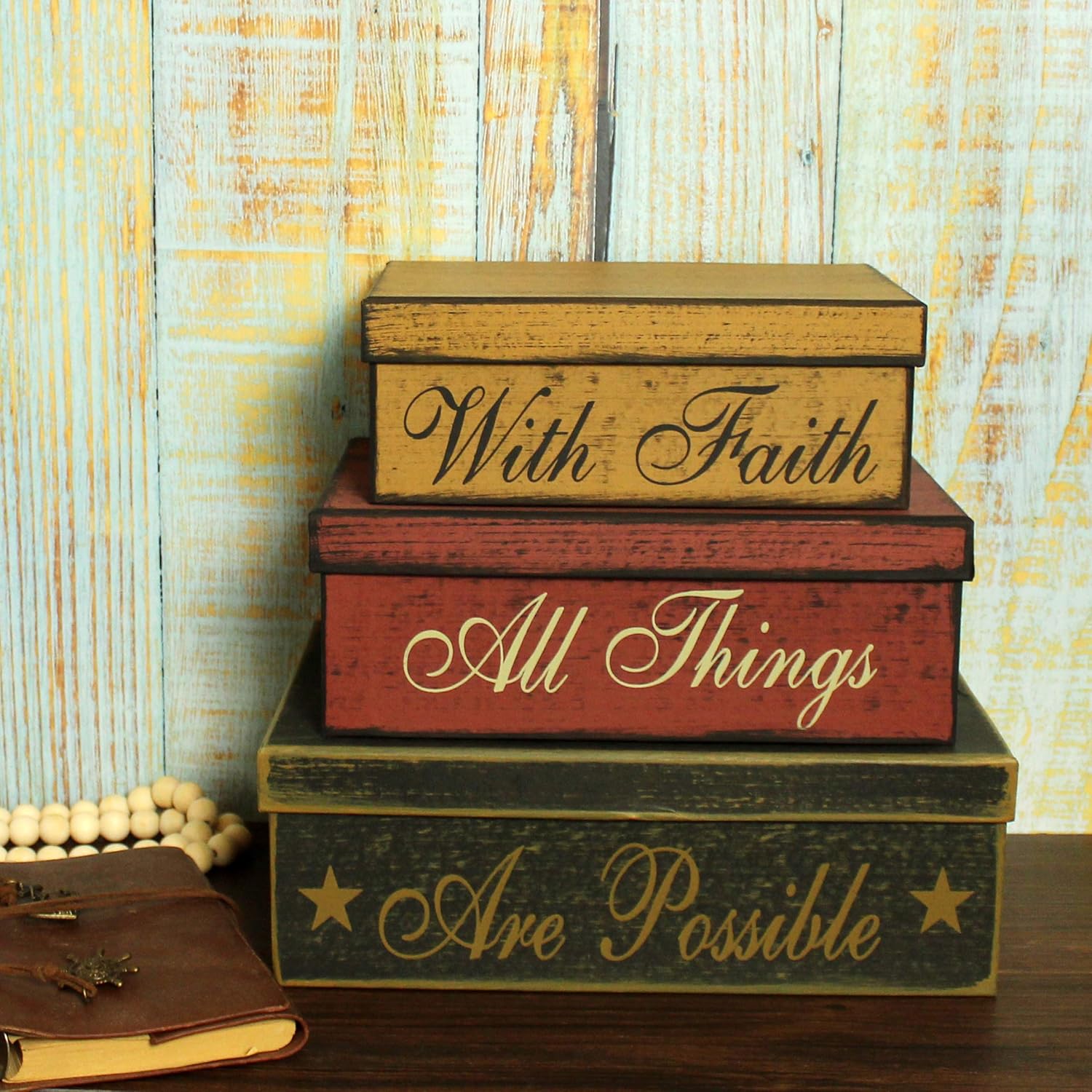 CVHOMEDECO. Primitives Vintage Rectangular Cardboard Nesting Boxes With Faith All Things Are Possible for Photos Memories Keepsakes and Home Decor., Large 12 X 8 X 4 Inch. Set of 3.