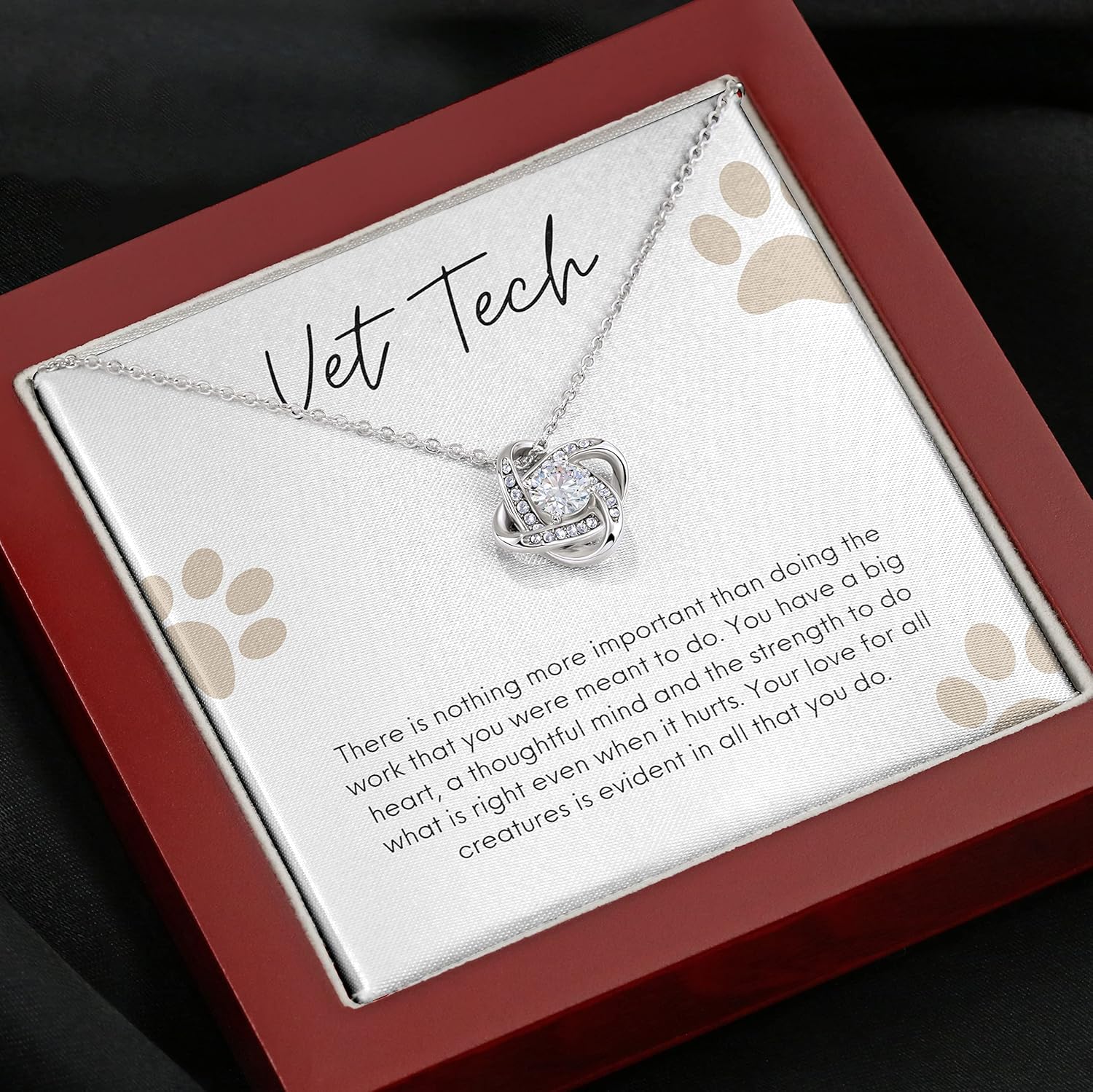 Bubble Hugs Veterinarian Necklace Silver Plated Love Knot Mahogany - You Have a Thoughtful Mind - Veterinary Paw Dog Pet Lovers Student Doctor Animal