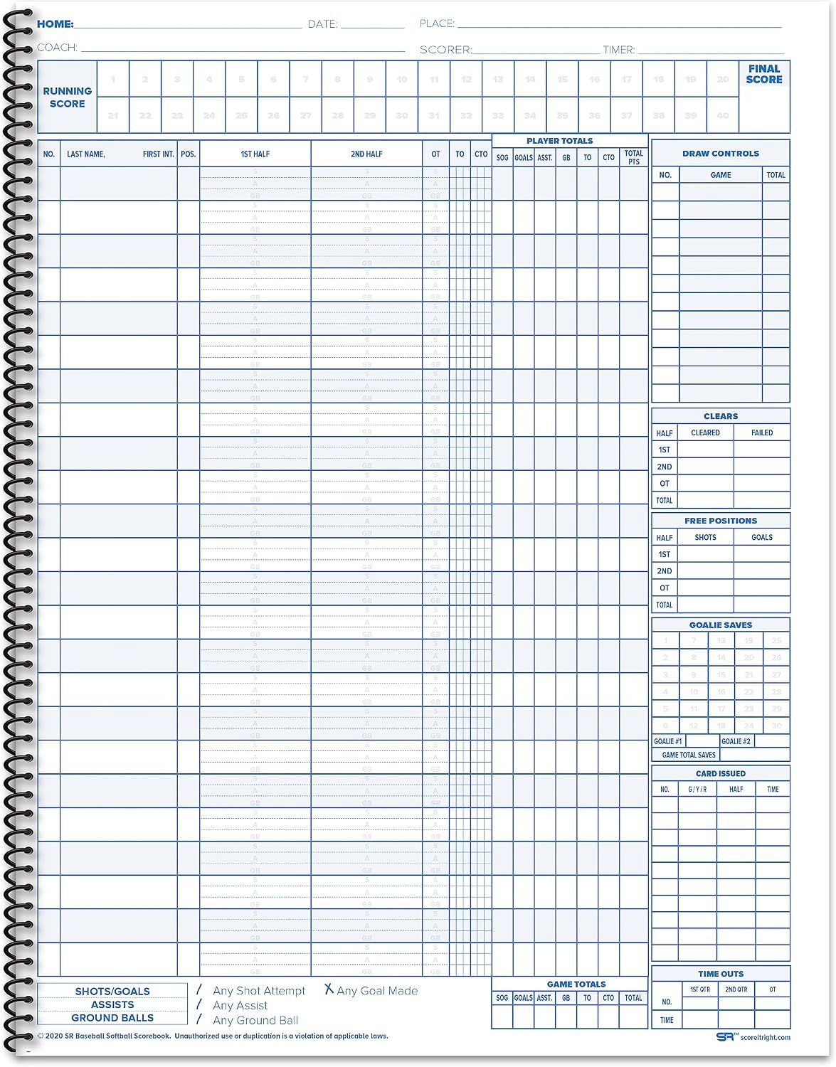 Score It Right Lacrosse Scorebook – 24-Player Womens Score Keeping Book for 30 Games – Spiral Bound Lacrosse Scorebook with Simplified Scoring Instructions – 9.25 x 12-inch Scorebook Hardcover