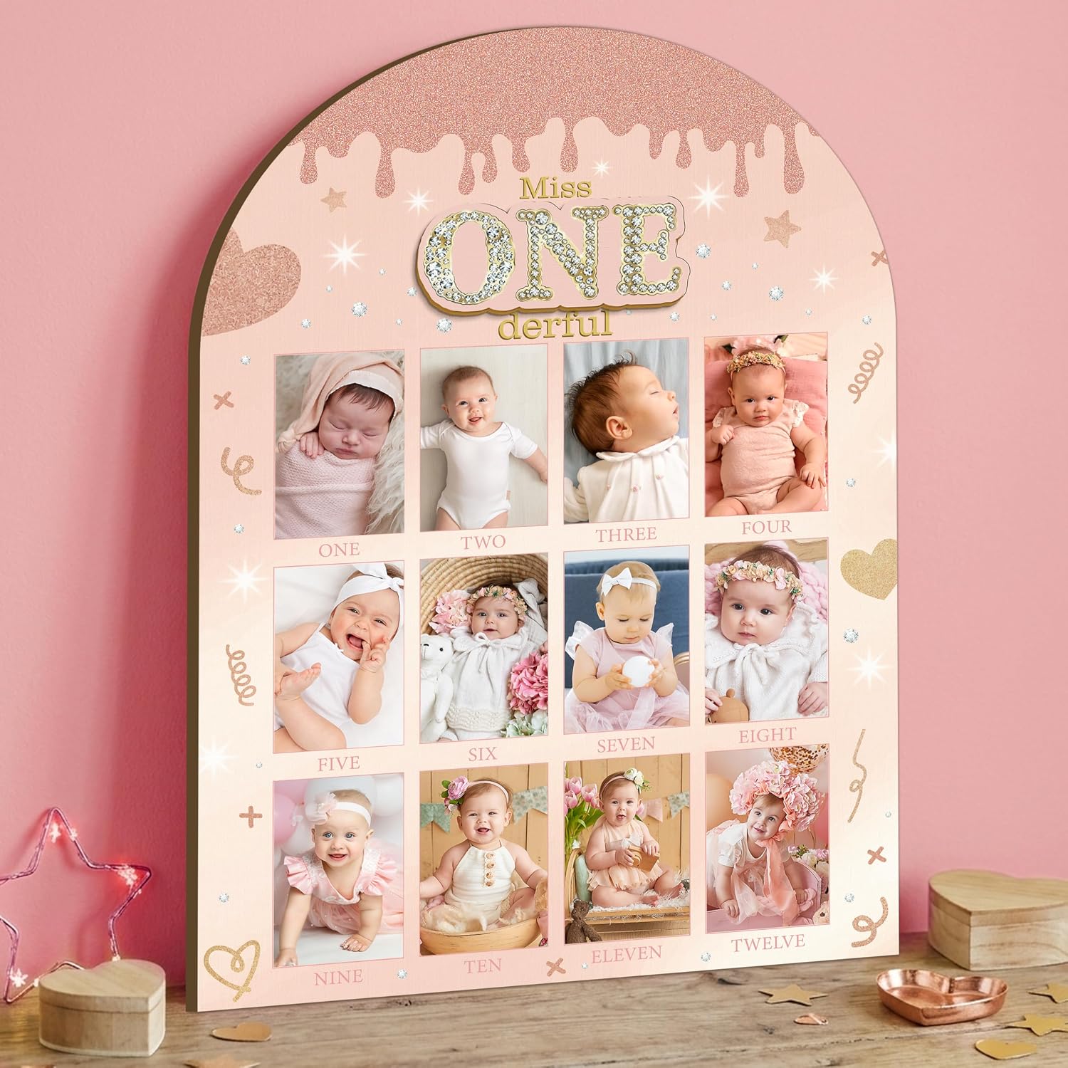 R HORSE 3D My First Year Photo Frame Board Fits 2 x 3 Inch Picture | Miss Onederful Birthday Decoration, Baby Girl First Year Picture Frame, 12 Months Milestone Display Wood Board, Nursery Decor