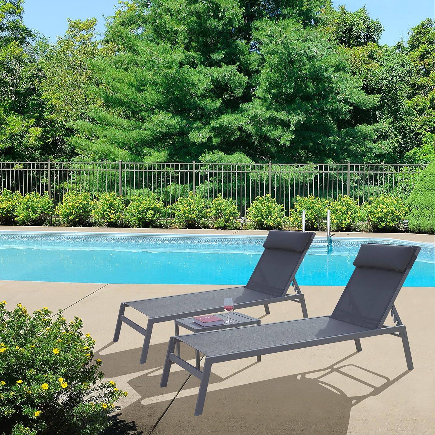 Domi 3 Pieces Adjustable Chaise Lounge Set Outdoor Patio Lounge Chair All Weather Five-Position Recliner Chair Set w/Coffee Table for Patio, Pool, Yard (Grey)