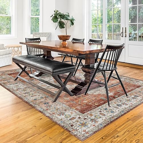 Miniatura 3 de Alfombra vintage ultra fina y lavable de 8 x 10 pies, para sala de estar, alfombra de área de pelo bajo antideslizante y antideslizante, única con