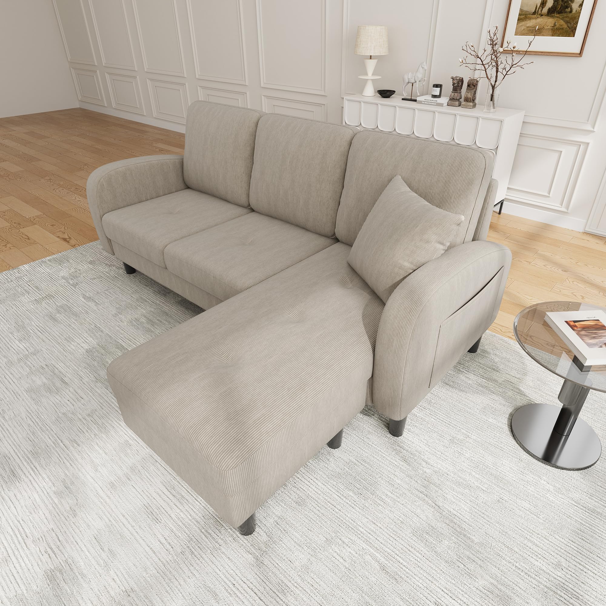 Divano angolare compatto a forma di L con chaise longue, divano a 3 posti per piccoli spazi, divano modulare per soggiorno in tessuto di lino e cotone traspirante, ideale per appartamento e ufficio