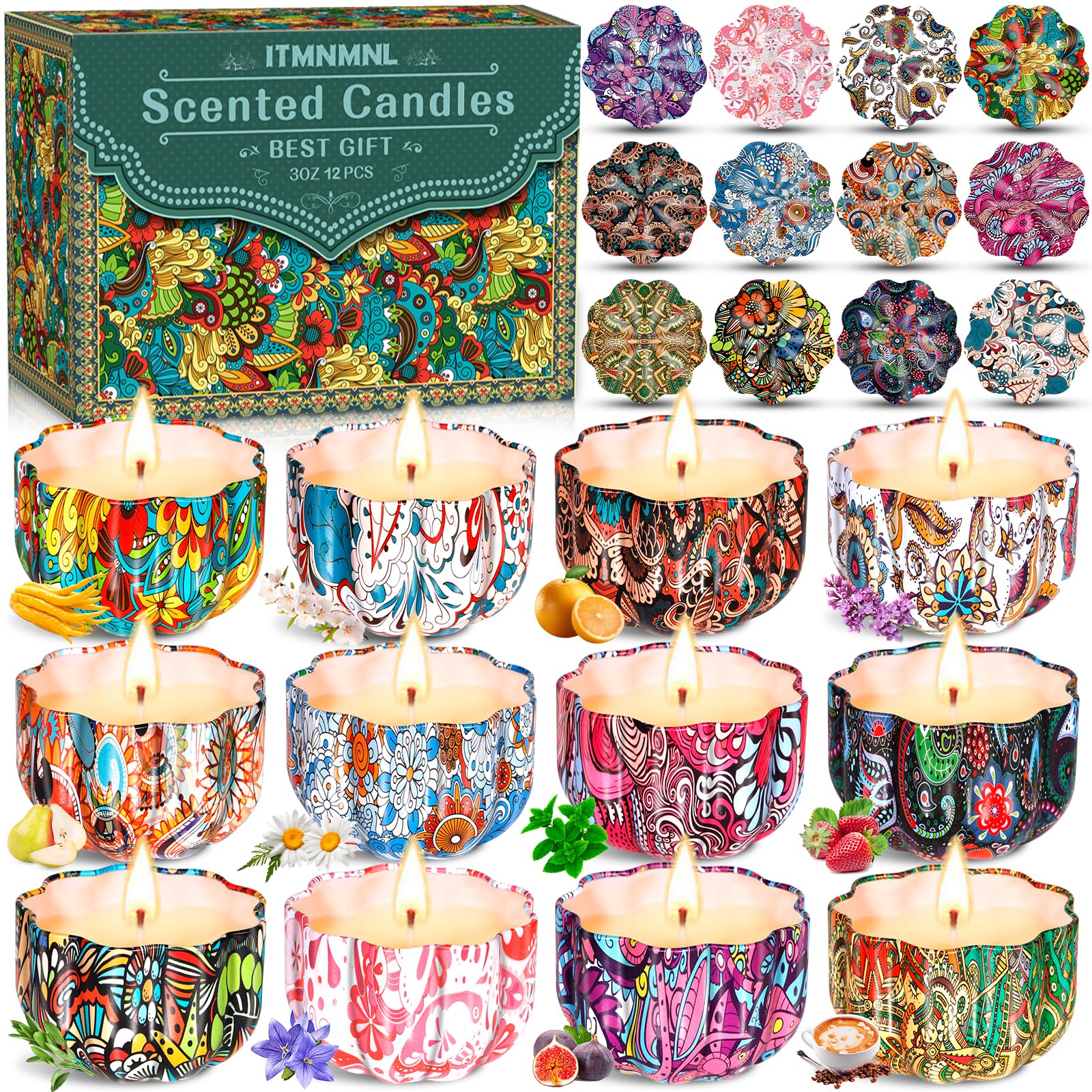 ITMNMNL Velas Aromáticas 12 Piezas Velas Aromaticas para Regalo,Velas Perfumadas,Vela Aromatica,Velas Decorativas,Vela Aromática,Velas Soja de Aromaterapia para Navidad,Fiestas,Yoga,Navideños,Madre