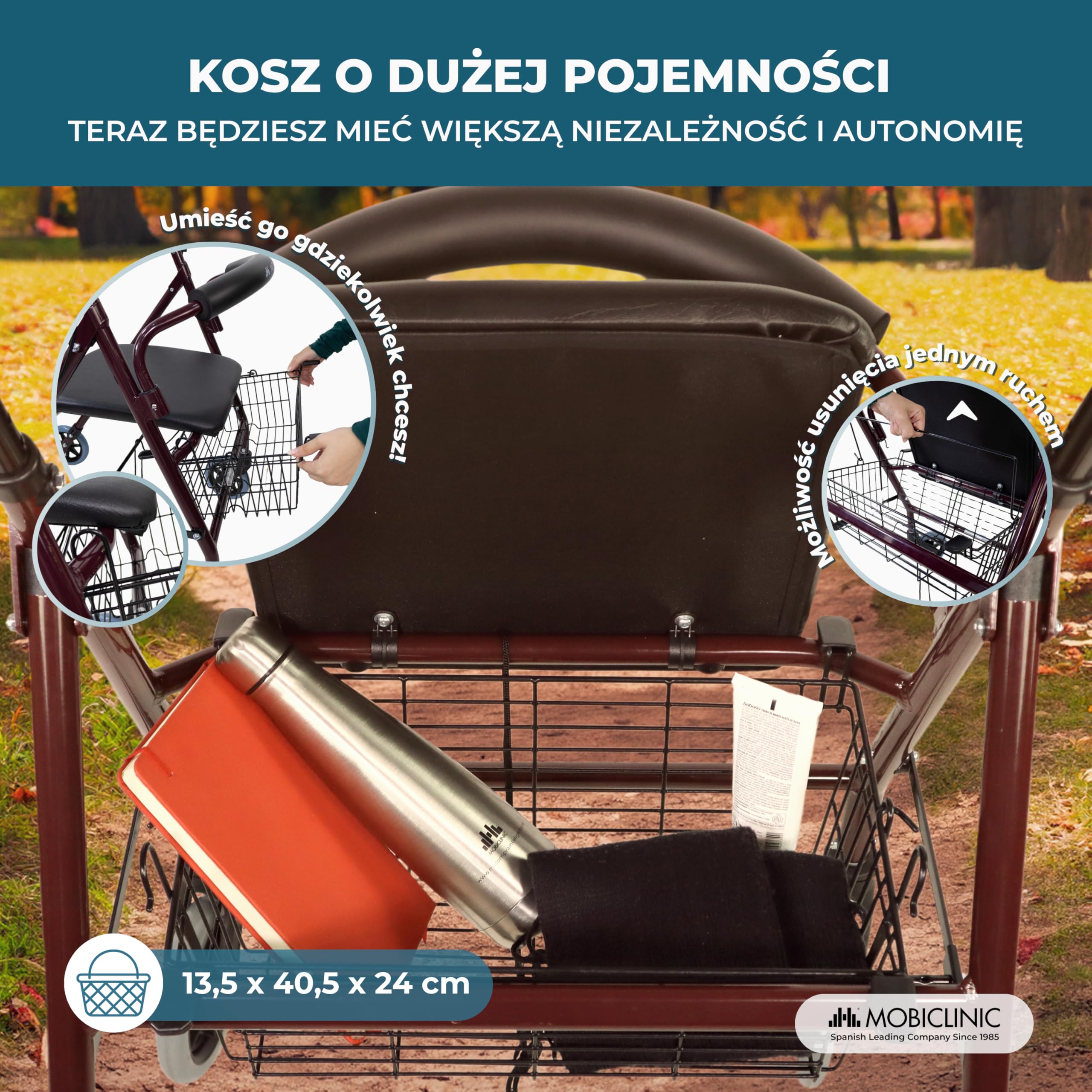 Mobiclinic, Model prado, Chodzik dla niepełnosprawnych, Osób starszych, Rollator, Aluminiowy, Lekki, Składany, Hamulce ciśnieniowe, Z siedziskiem, Koszem i 4 kółkami, Kolor bordeaux