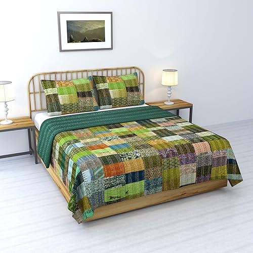 Miniatura 2 de THE ART BOX Colcha de seda india King Kantha con 2 fundas de almohada, hecha a mano, de algodón, con puntada vintage, Gudri bohemia, manta de playa,