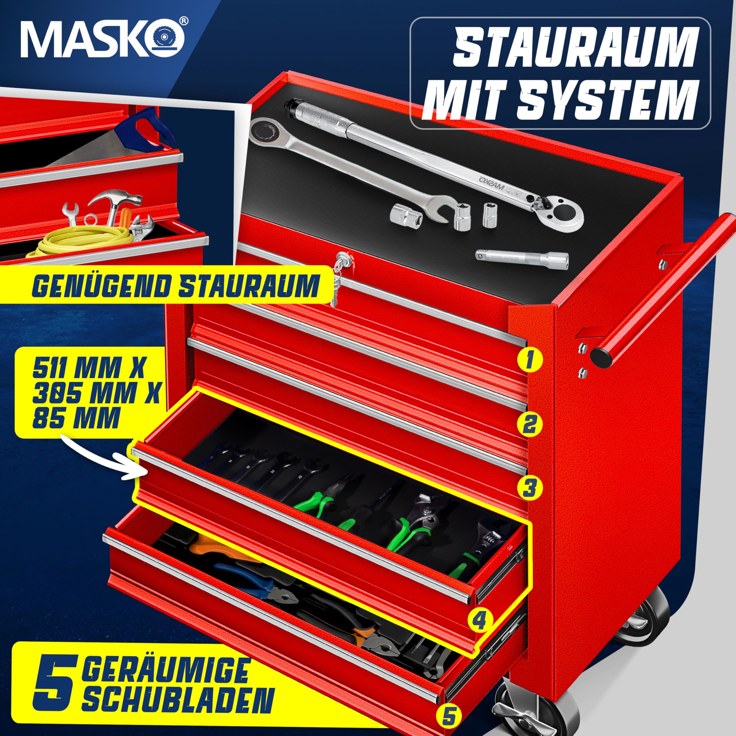 Masko® Carro de taller con 5 cajones y cerradura, rojo, metal macizo. Carro de herramientas profesional y movible sin equipamiento, carrito con ruedas para almacenamiento de herramientas con candado