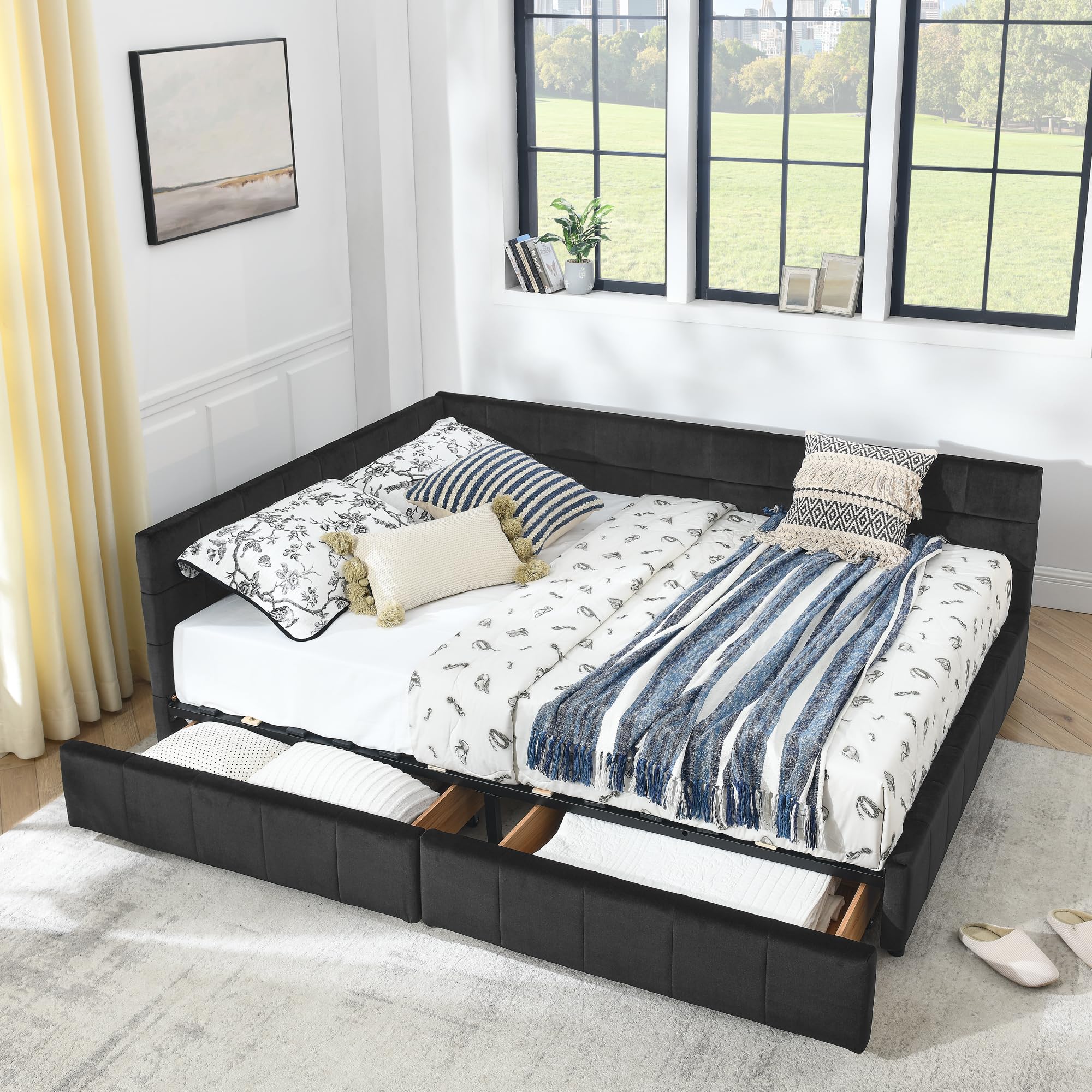 Corner Bed Frame Queen Daybed With Storage Drawers, Velvet L