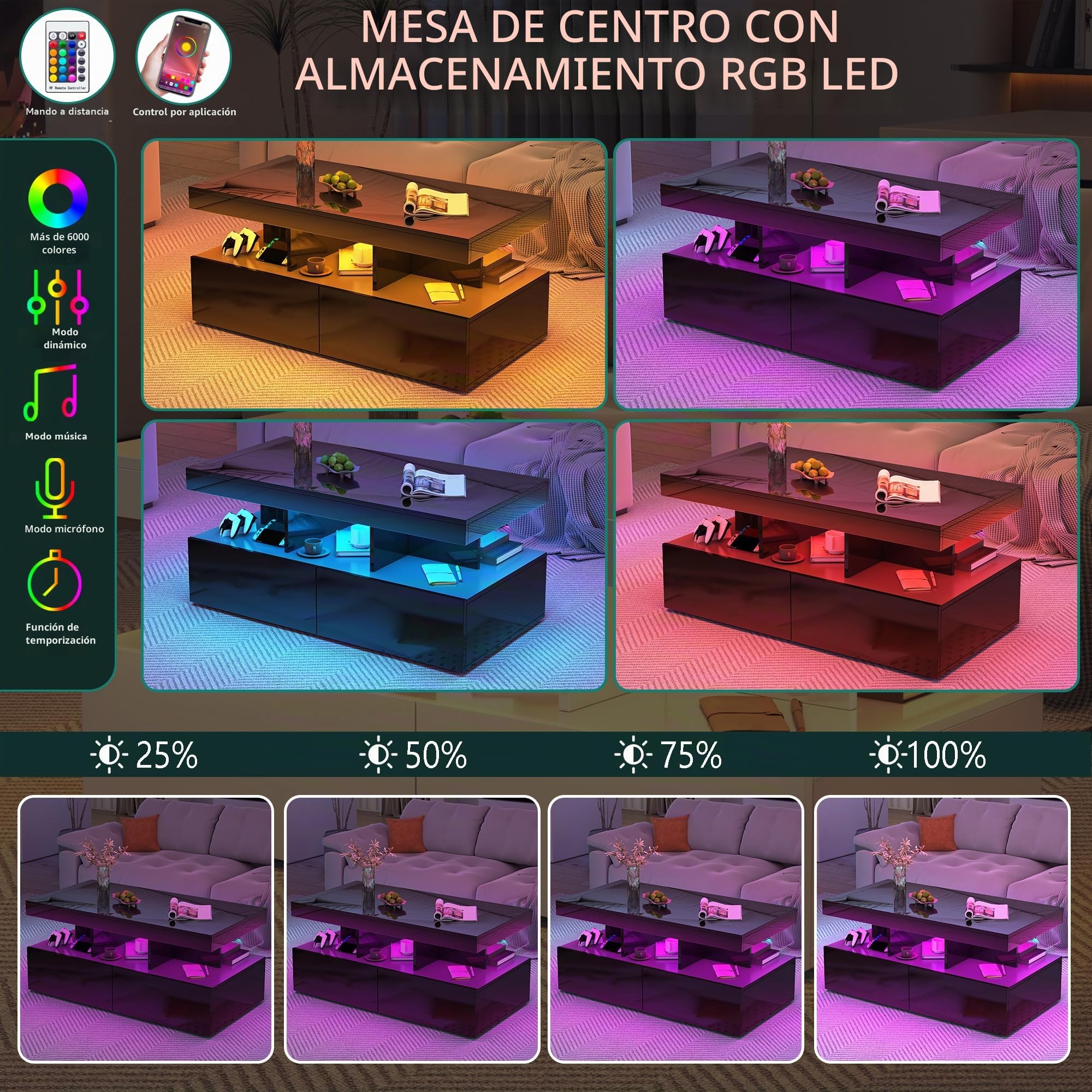 BRILVERDE mesa de centro de alto brillo, salón con LED de 16 colores y 2 cajones, sofá moderno con almacenamiento, auxiliar con 5 estantes (negro, 104 x 53 x 46 cm)