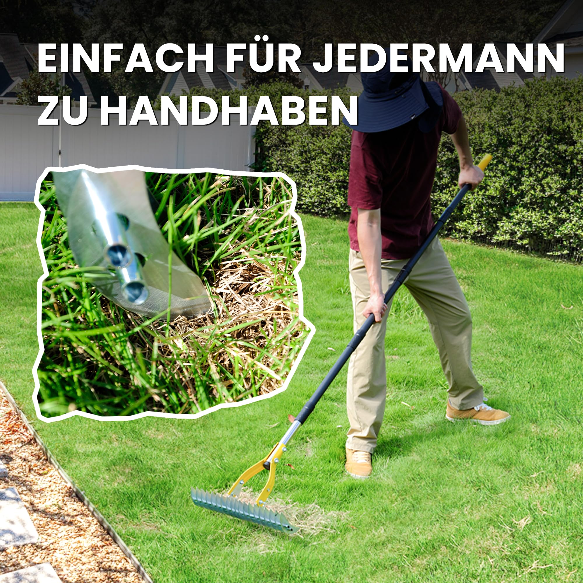 Gartenrechen Vertikutier-Rechen für den Rasen, 38 cm Verstellbarer Rechenkopf, Dethatcher zum Entfernen von Rasenfilz, Moos & abgestorbenem Gras mit 1,9M Griff, Stahl-Rechen für Hof