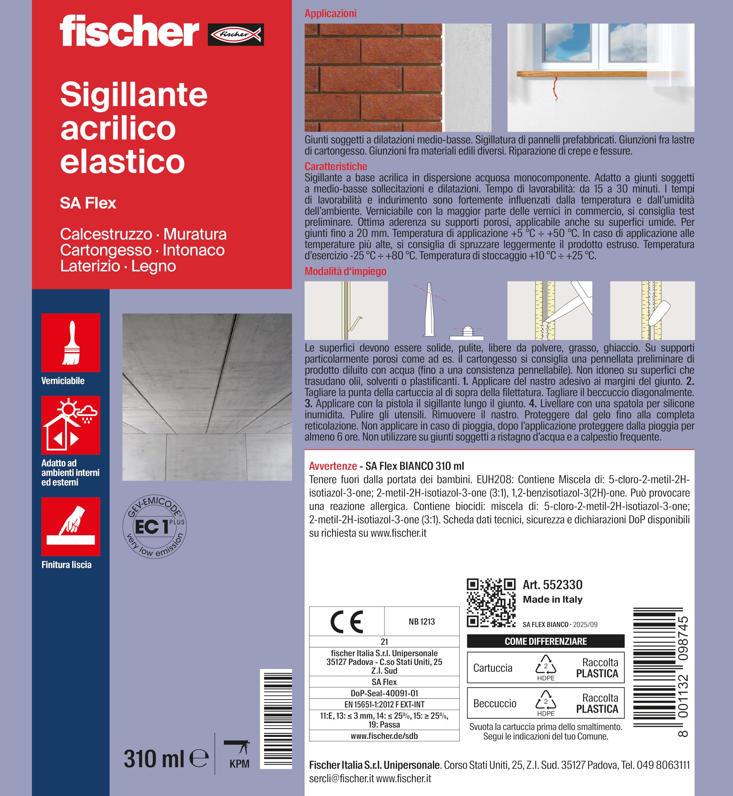 Fischer SA FLEX Bianco, Sigillante Acrilico Elastico per Esterni e Interni, Finitura Liscia, Verniciabile, per Facciate, Crepe e Giunti, Legno, Plastica, Inodore, 552330