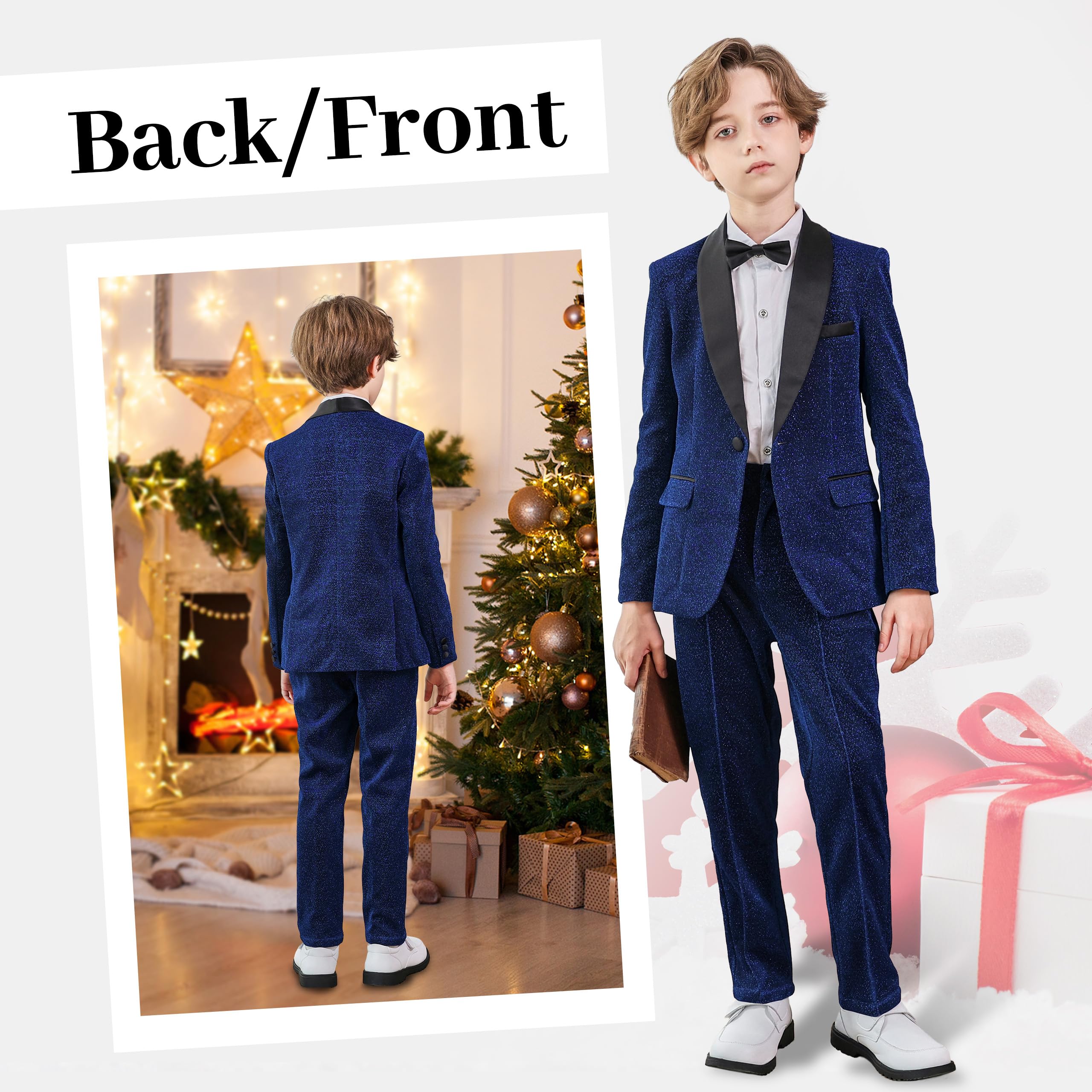 LOLANTA Completo Elegante per Bambini 4 Pezzi, Smoking da Ragazzo, Abito da Festa Luccicante per Ragazzi, Outfit per Paggetto con Blazer, Pantaloni, Camicia e Papillon