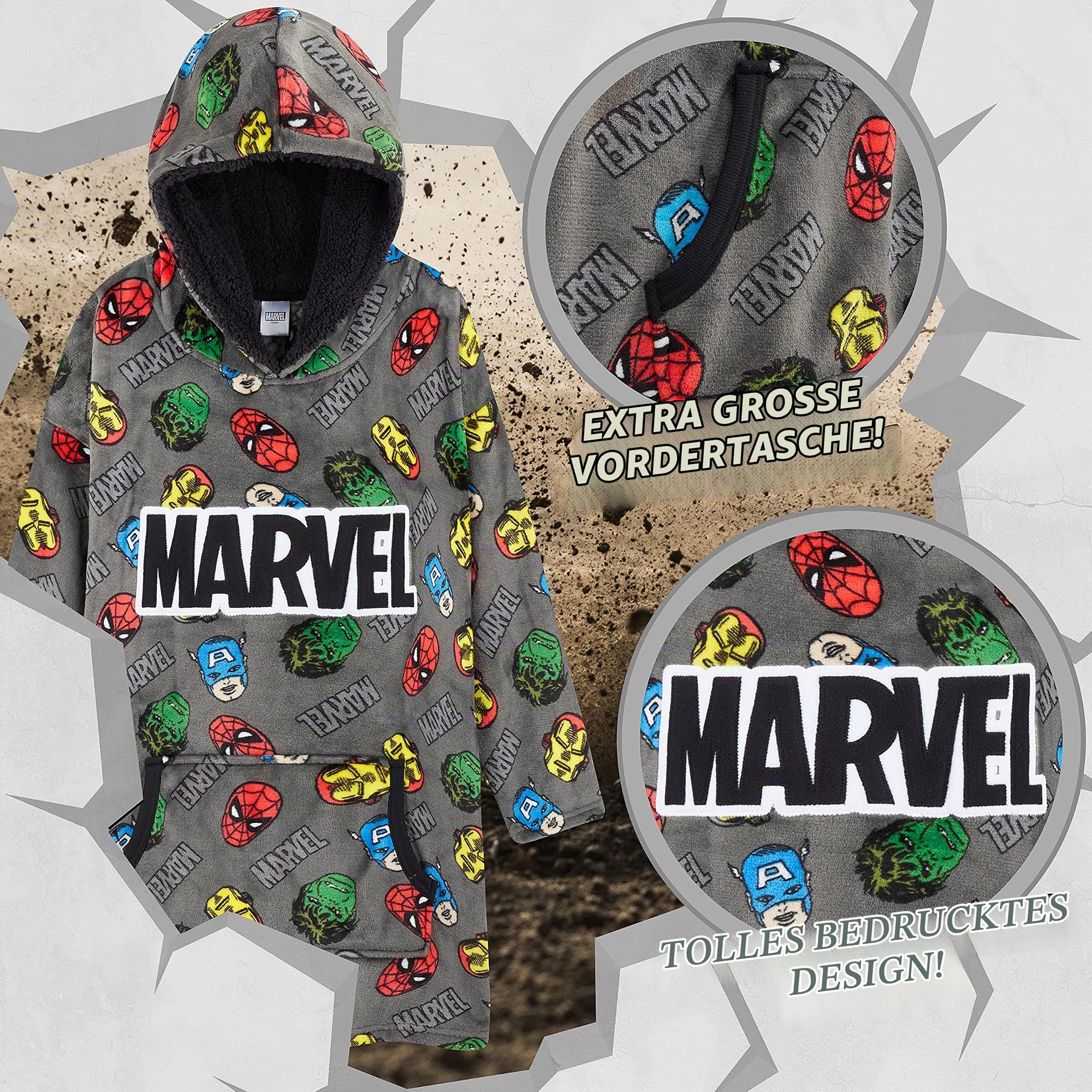 Get Trend Marvel Avengers Übergroßer Kapuzenpullover Kinder, Weicher Kapuzendecke, Warm Fleece Decken mit Kapuze, Geschenke Jungen Mädchen