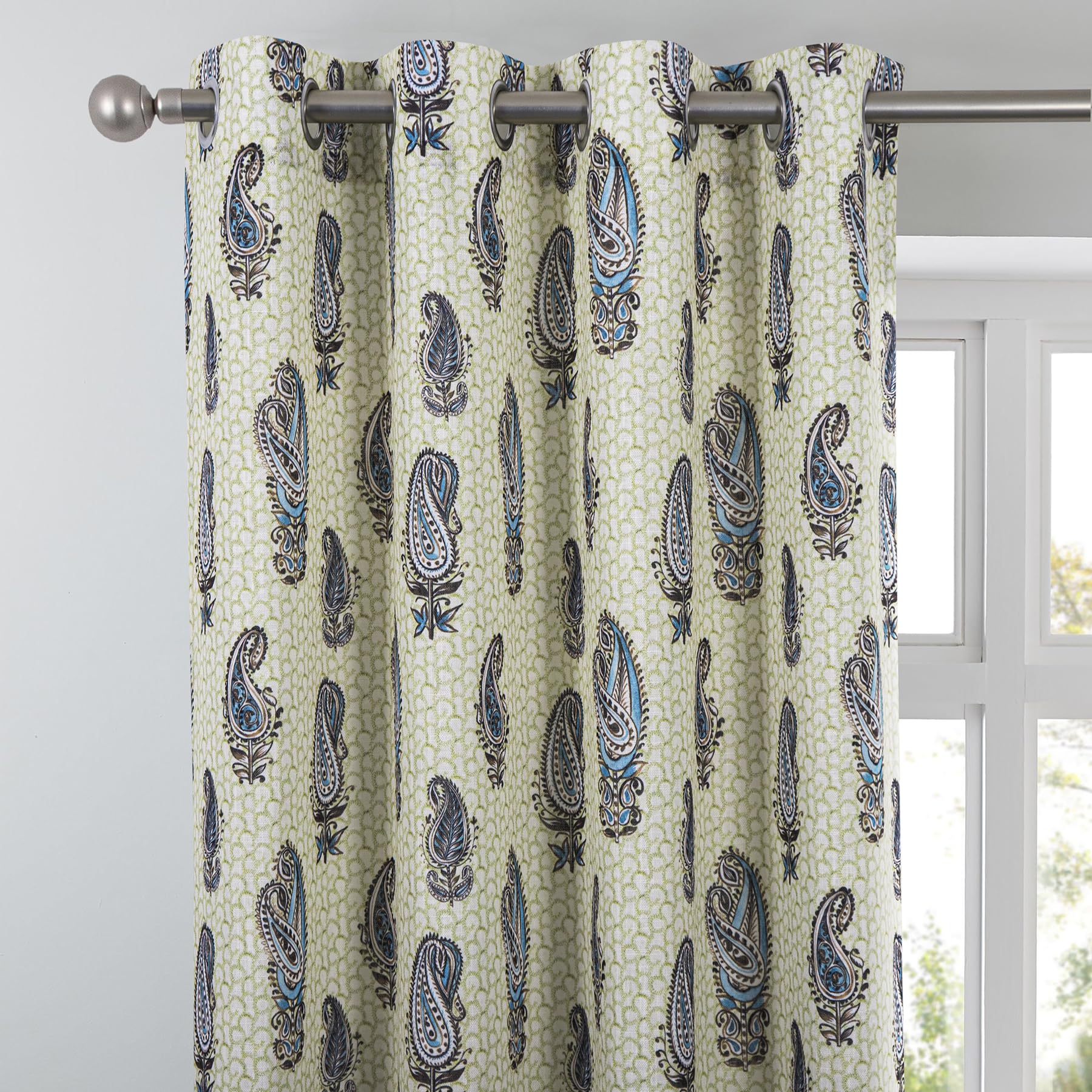 always4u Linen Look Curtains Semi-sheer Eyelet Printed Curtains Blue Paisley Pattern Window Treatments for Living Room Bedroom Decoration Retro Textured 1 Pair W46 x L54 Inches - Image 3