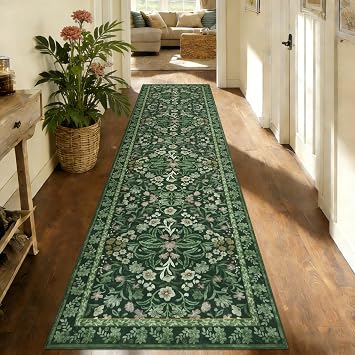 Floral Runner Rugs for Hallway Green 80x300cm Washable Long Carpet Runners for Kitchen Boho Non-slip Kitchen Runner Floor Mat Low Pile Floor Carpet for Entrance Laundry Bedroom