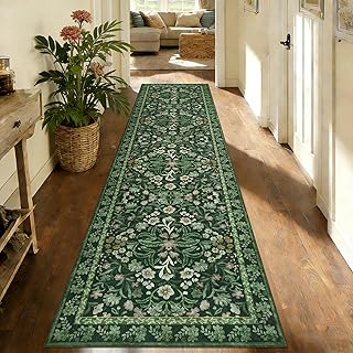 Blumenmuster Teppich Läufer 80X300cm Grün Läufer Flur Waschbarer Flur Teppich rutschfest Küchenläufer Boho Lang Teppichläufer für Eingang Badezimmer Waschküche