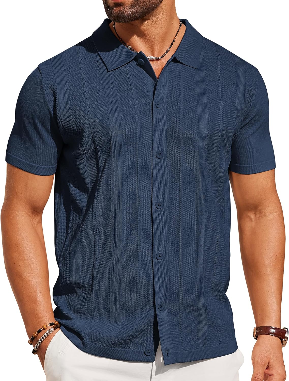 COOFANDY Mens Knit Shirt Short Sleeve Button Down Shirts Casual Summer Beach Vintage Polo Shirts