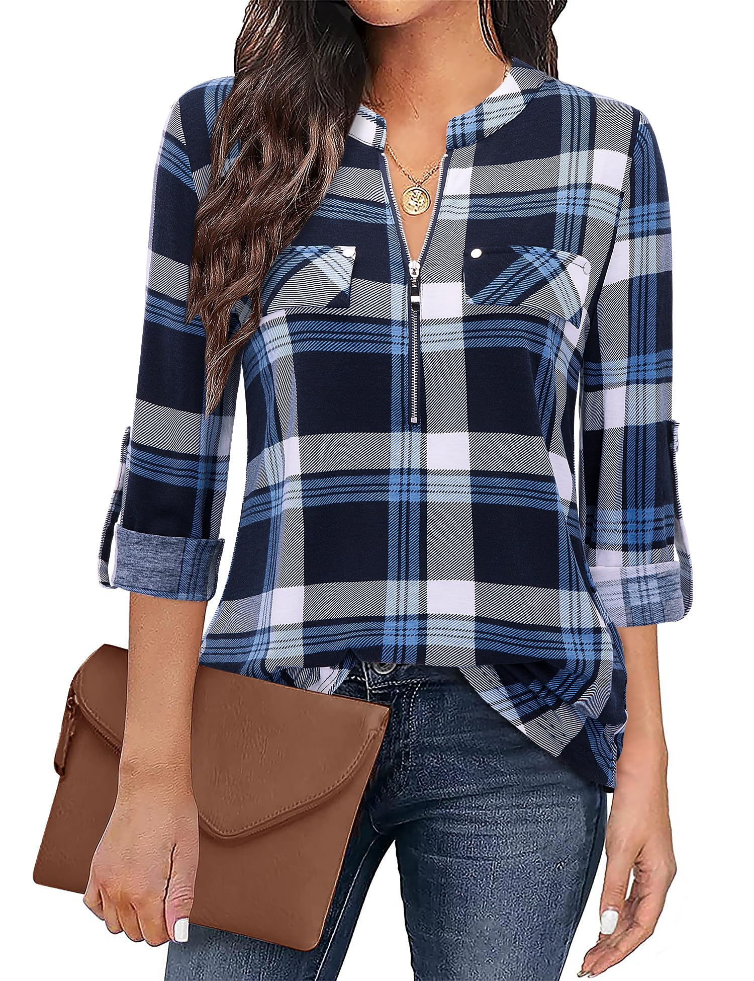 BulotusWomen's Zip Front V-Neck 3/4 Sleeve Tunic Casual Top