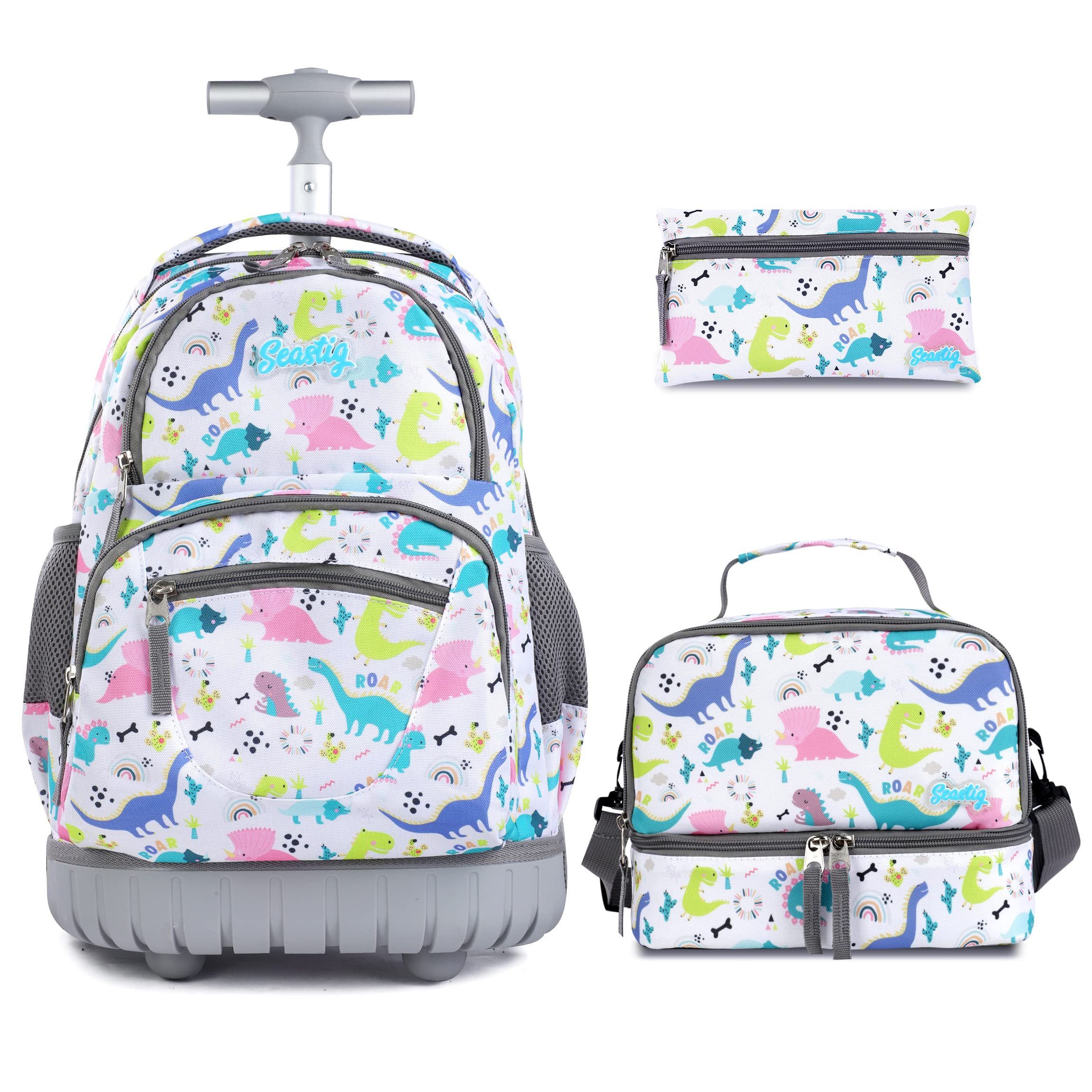 seastig Rolling Backpack 16 inch Wheeled Backpack with Lunch Bag & Pencil Case Roller Backpack Set Carry-on Bag School Travel