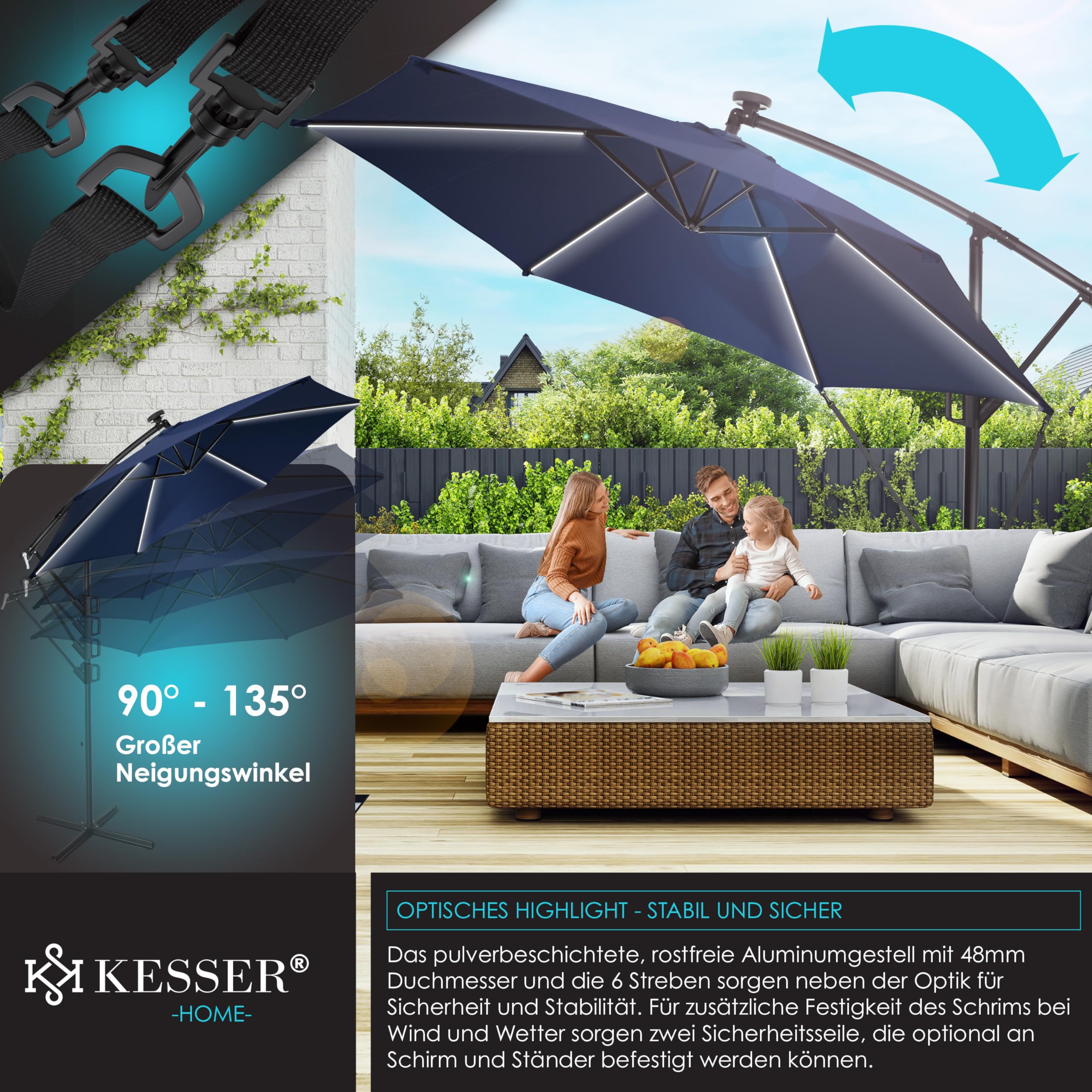 KESSER® Ombrellone in Alluminio, LED solare, incl. Copertura, Telecomando, Manovella, Funzione 360°, Protezione UV, Idrorepellente, Ombrellone da Giardino