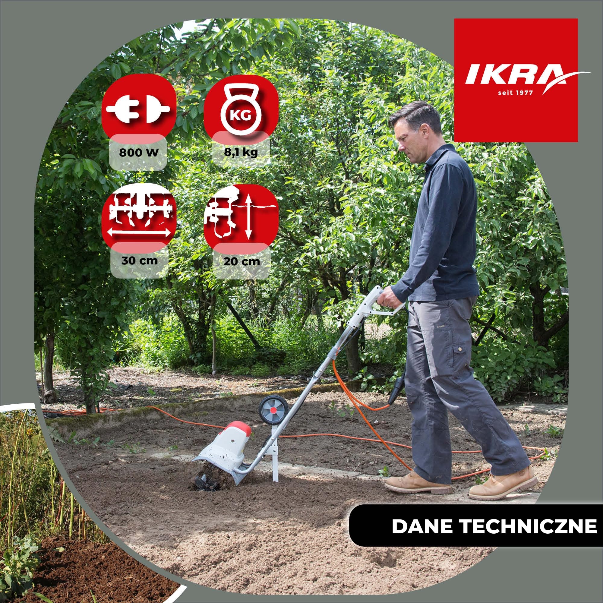 IKRA Glebogryzarka elektryczna IEM 800S, 30 cm, z ręcznym kultywatorem