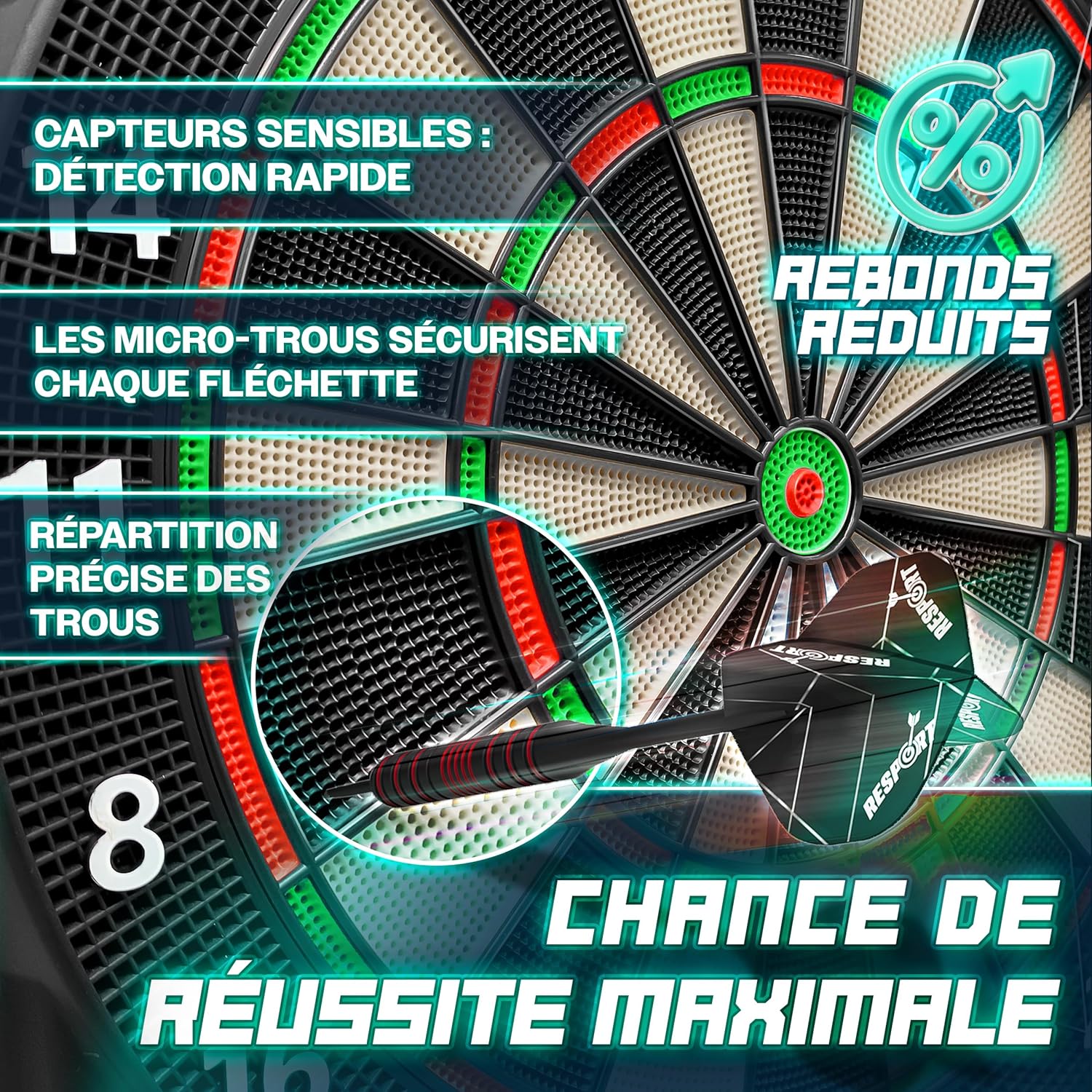 RE:SPORT® Cible de fléchettes électronique professionnelle avec 12 flèches + 24 ailettes Pro + 100 pointes de fléchettes et accessoires | Machine à fléchettes E pour 1 à 8 joueurs avec 427 variantes | — vue 2