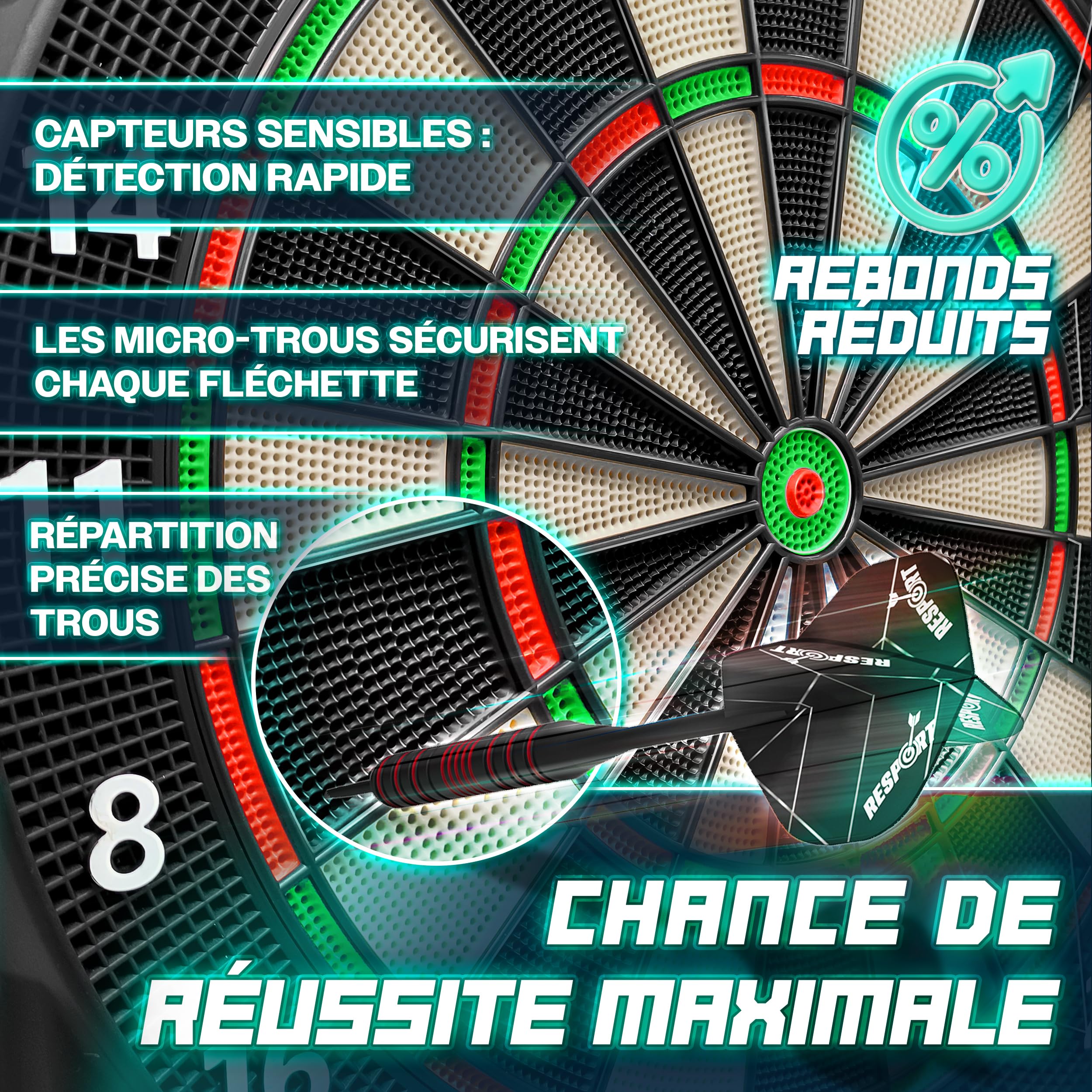 RE:SPORT® Cible de fléchettes électronique professionnelle avec 12 flèches + 24 ailettes Pro + 100 pointes de fléchettes et accessoires | Machine à fléchettes E pour 1 à 8 joueurs avec 427 variantes |