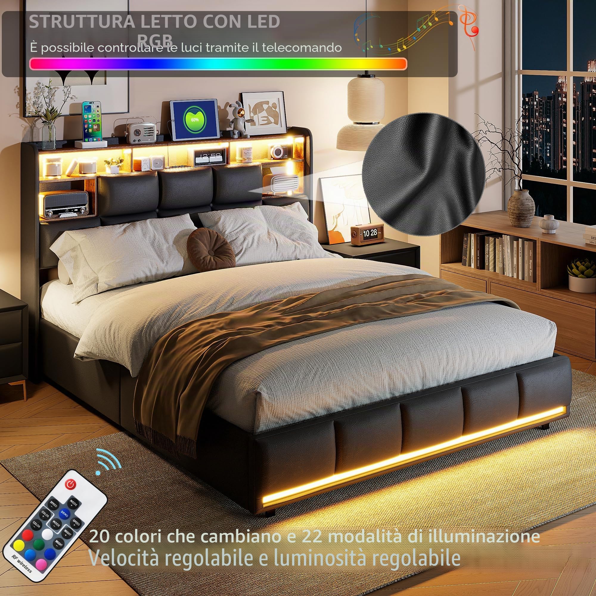 Letto imbottito 160 x 200 cm con illuminazione LED, letto matrimoniale con spazio di archiviazione e soppalco, testiera con funzione di ricarica USB tipo C e spazio di archiviazione idraulico
