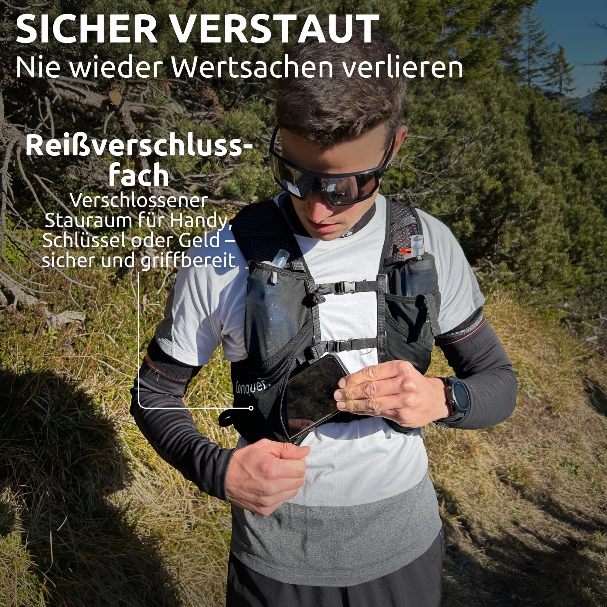 Conquer Laufweste 5L Herren Damen Ultraleichte Trinkweste Trailrunning Joggen Trinkrucksack Soft Flask Fächer Trinkblasen-kompatibel Handytasche Running Vest Marathon