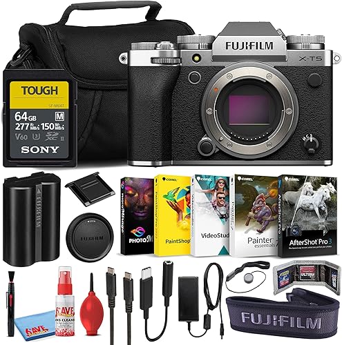 Fujifilm X-T5 Cámara digital sin espejo (solo cuerpo) (plata, 16782337) paquete con tarjeta de memoria Sony SF-M UHS-II de 64 GB + software de
