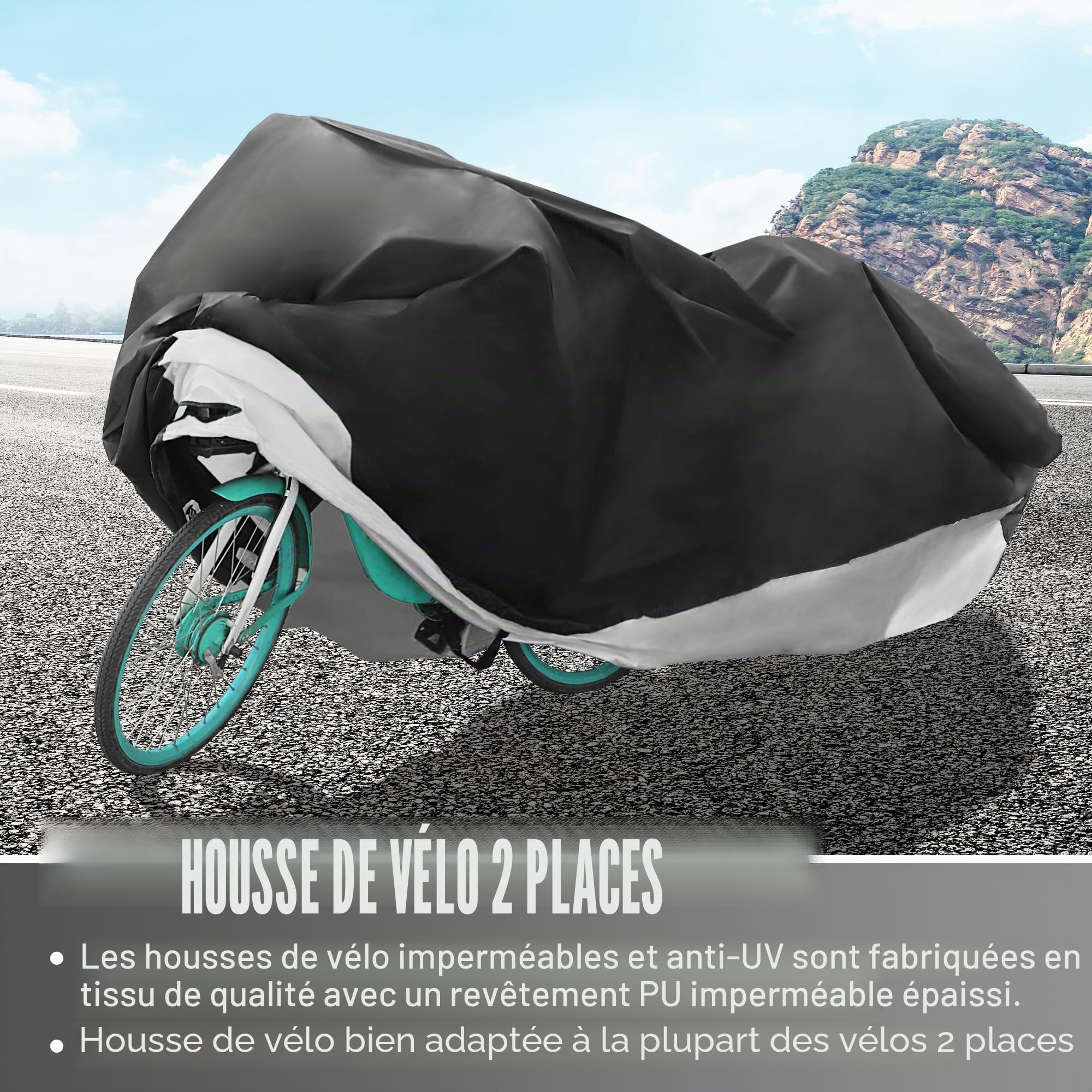 Uxcell Housse de protection pour vélo tandem 2 places, imperméable, tissu Oxford 210D, noir