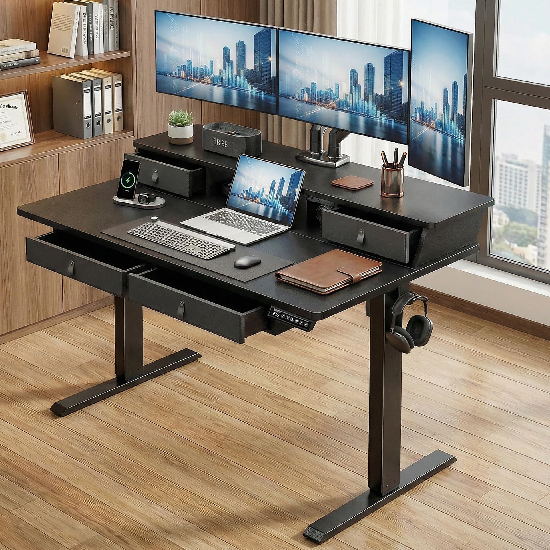 ErGear Electric Standing Desk with 4 Drawers, Height Adjustable Desk with Storage, C-Clamp Mount Compatible, Computer Home Office Table with Cable