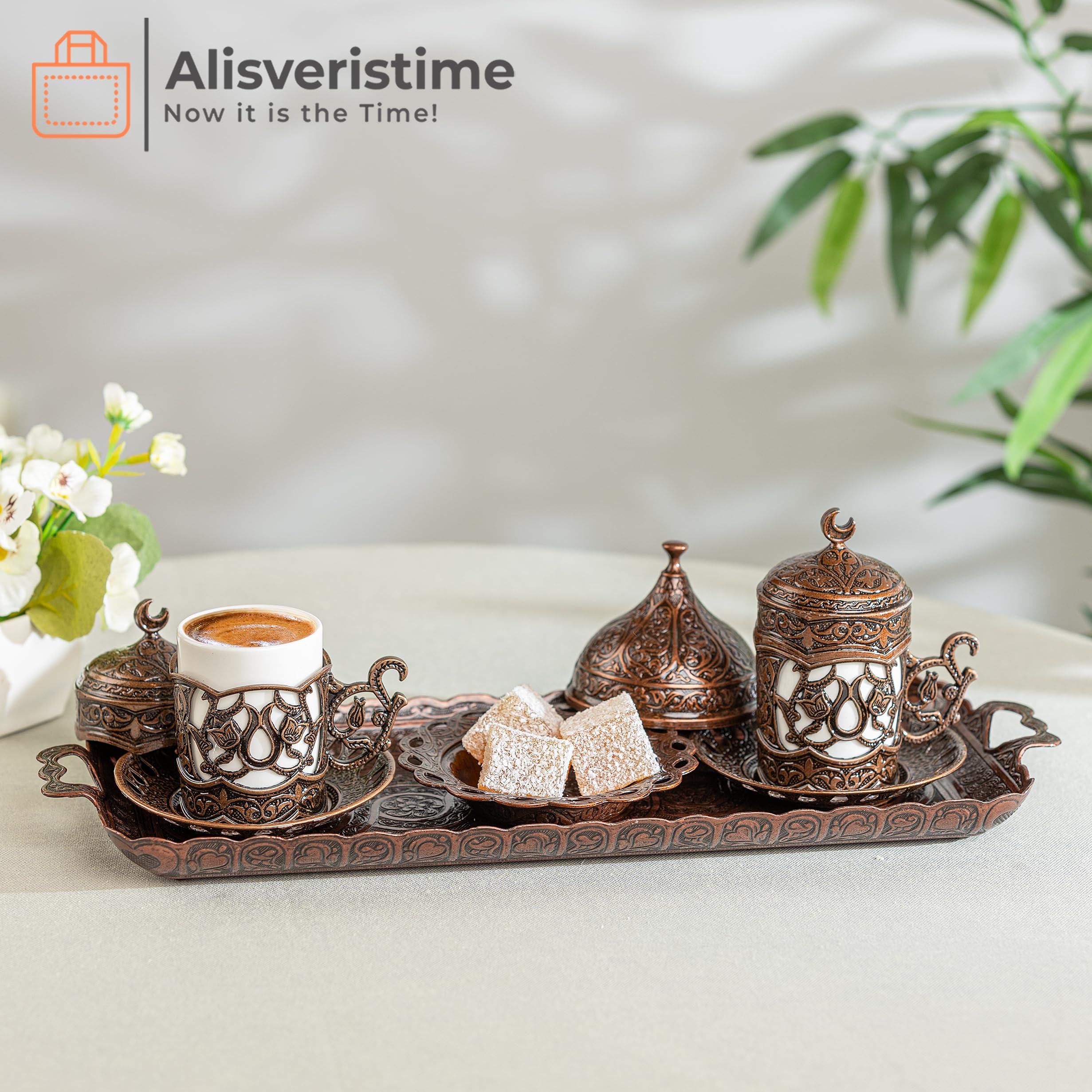 Alisveristime Hilal Türkisches Kaffeeservice mit 2 Tassen und Tablett (Kupfer)