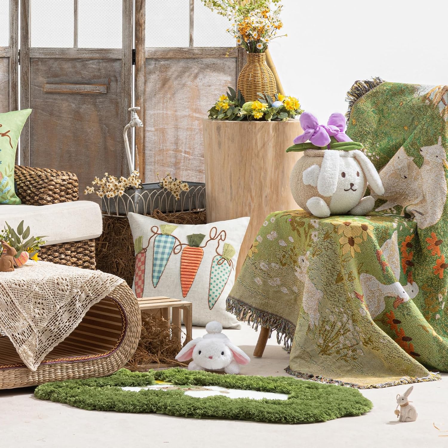 Phantoscope Happy Easter Rug, Flower Shaped Area Rug with Sheep, Non-Slip Soft Microfiber Tufted Door Mat Plush Little Lamb Rug for Living Room Bedroom, Green, 25.5 x 39 inches