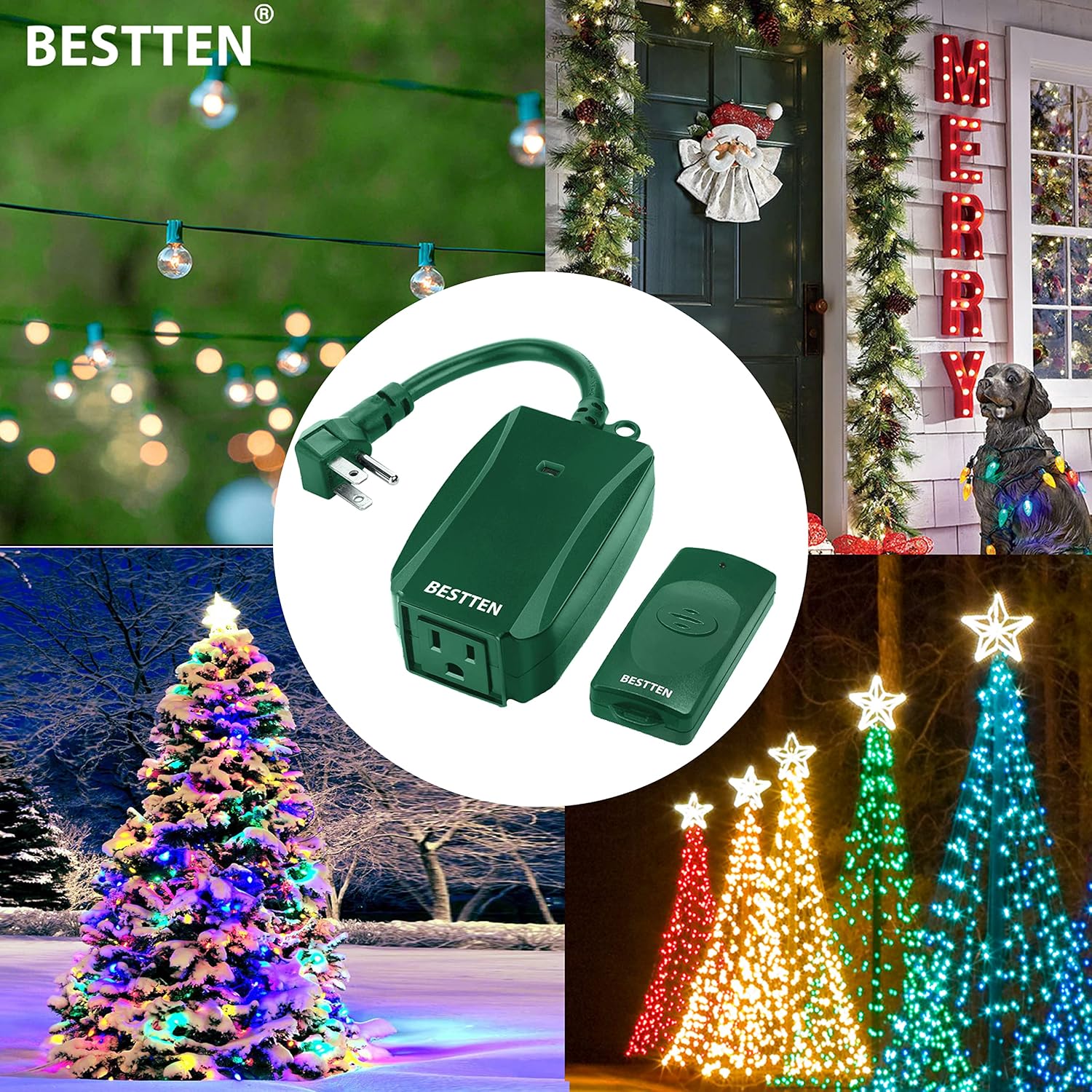 BESTTEN Remote Control Outdoor Outlet Switch with 6-Inch Heavy Duty Power Cord, 15A/125V/1875W, ETL Certified, Green