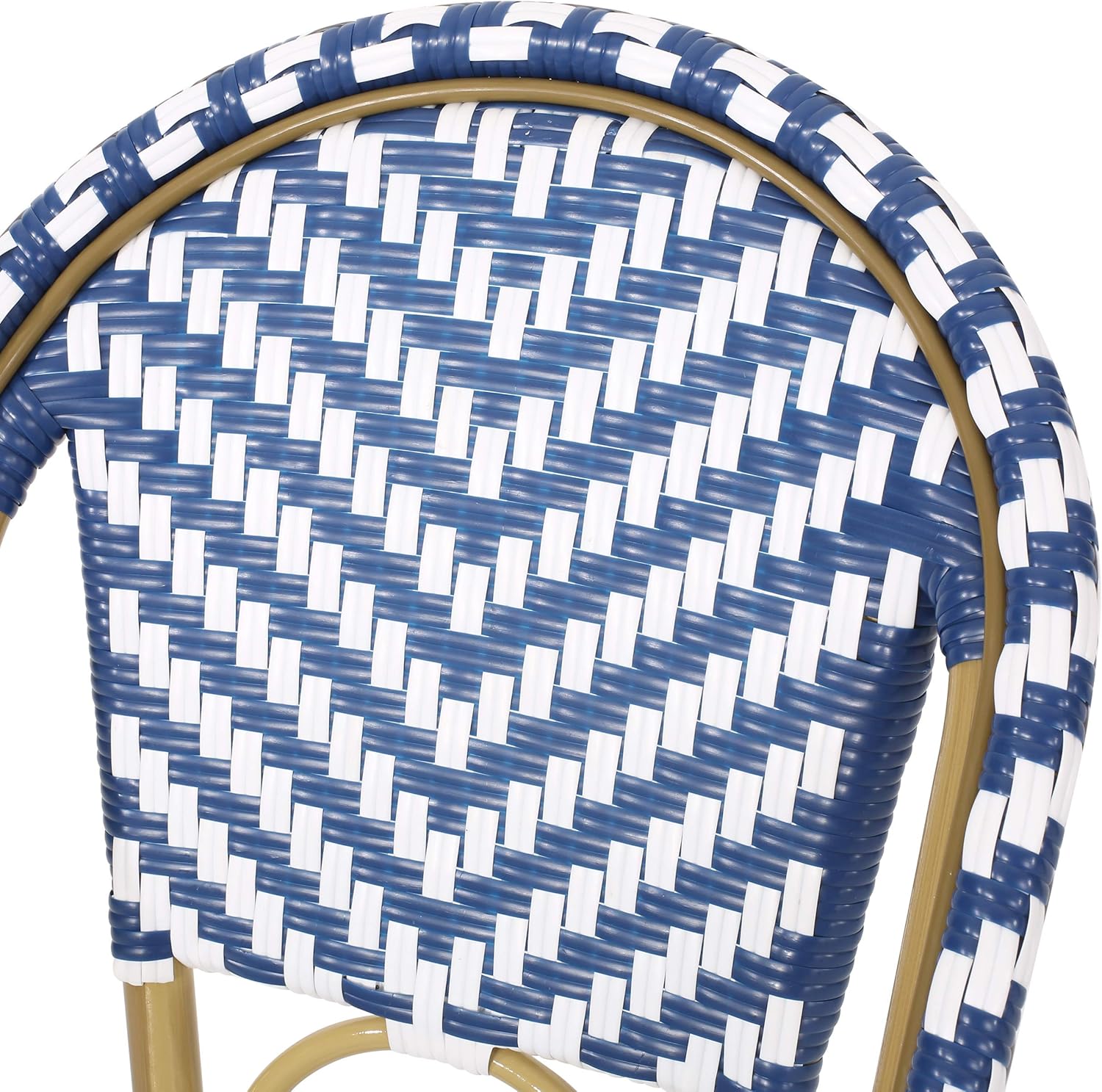 Kinner Outdoor French Bistro Barstools - Aluminum and Wicker - Navy Blue/White/Bamboo Finish (Set of 2)