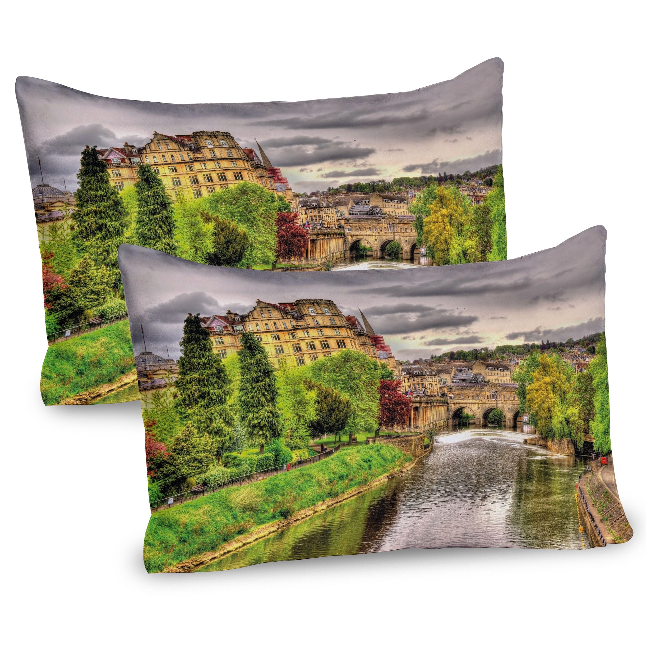 Ambesonne Landscape Pillow Sham Set of 2 Nature Themed View of Bath Town Over The River Avon in