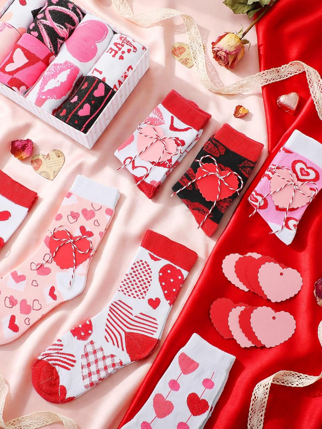 Valentines Day Socks with Heart Tags Heart Print Crew Novelty Love Lips Kiss Socks for Women Galentines Gifts - Image 2