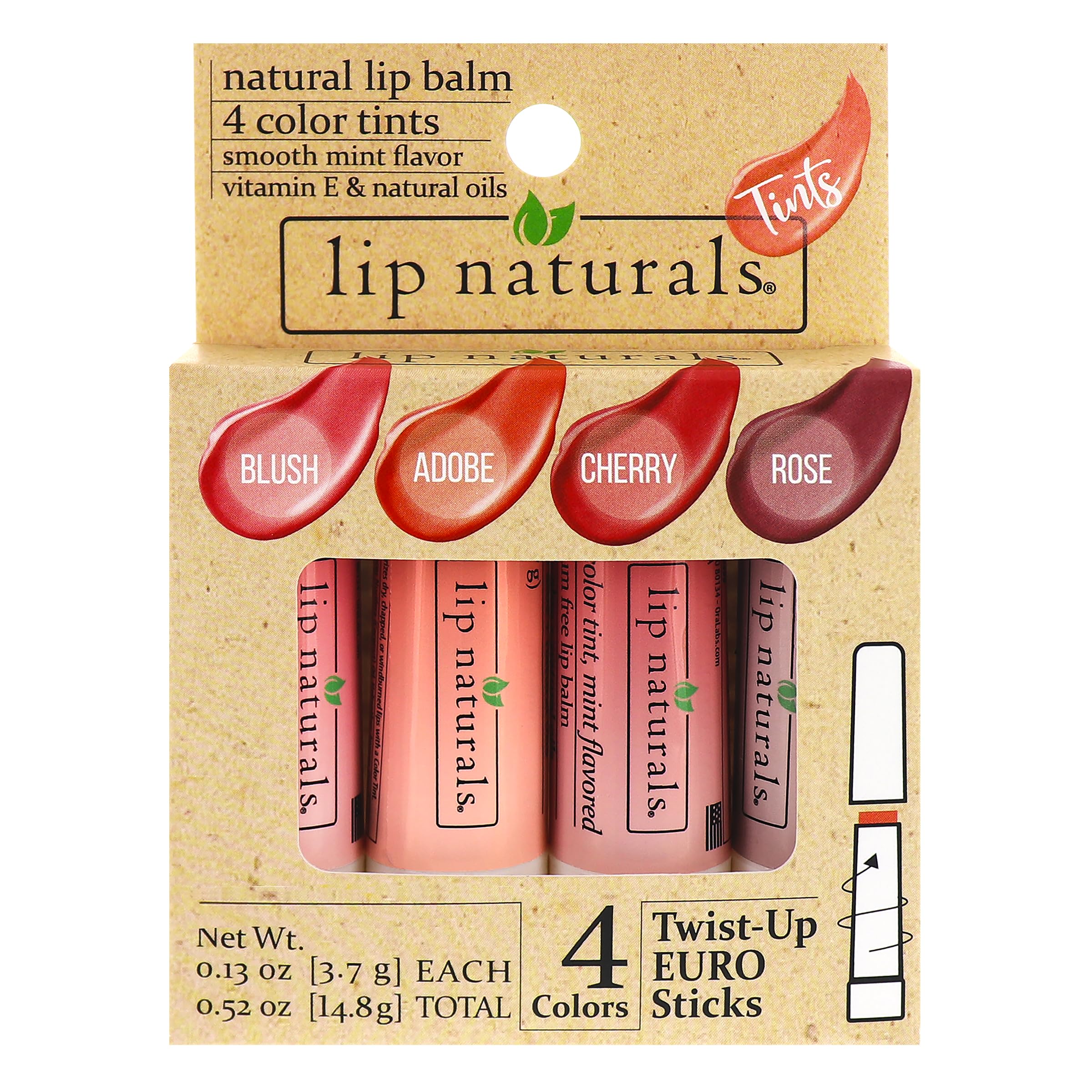 Lip Naturals Tinted Lip Balm 4 Pack of Assorted Colors with Beeswax, Coconut Oil, Vitamin E, and Aloe - Moisturizing Lip Care with a Smooth Mint