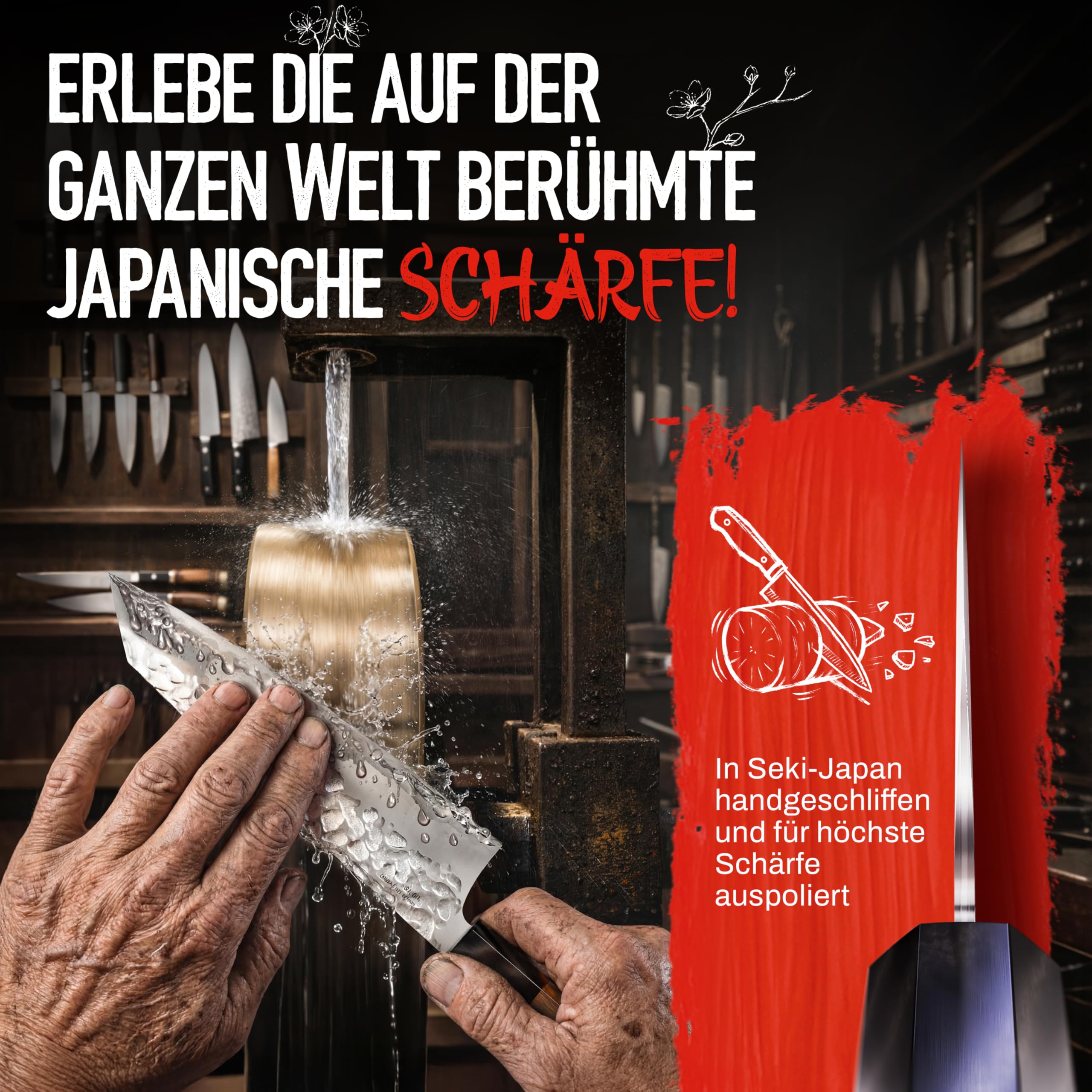 Santoku - Handgefertigtes Original-Japanisches Messer | Universalmesser, 18 cm Klinge, Schneidfreudig dünn, hohe Standzeit, nur 132 g, VG10-Edelstahl, Griff Walnussholz/Büffelhorn