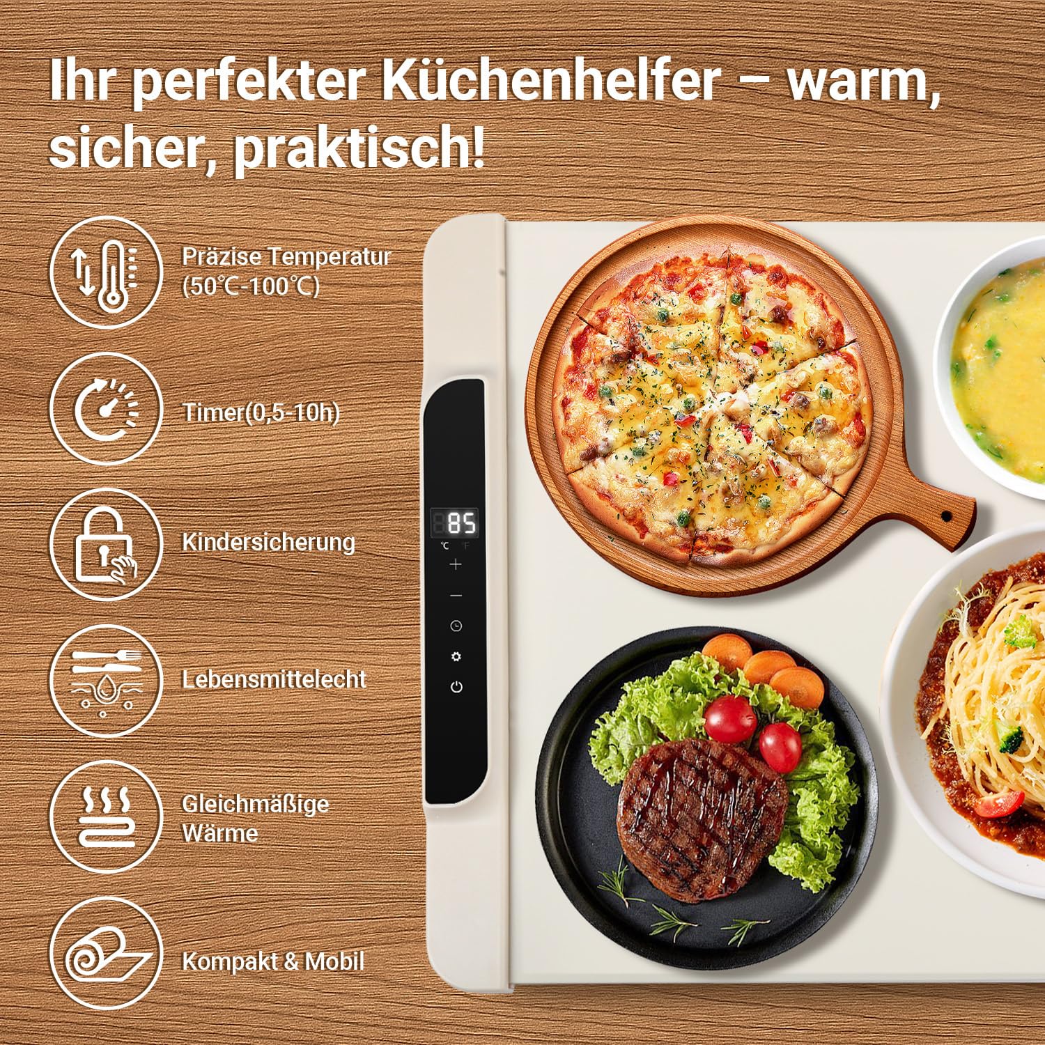 Warmhalteplatte Elektrisch, 240W Faltbare Speisenwärmer mit einstellbare Temperaturkontrolle,Timer, Nano-Silikon & Kindersicherung, für Warm Halten oder Auftauen,Beige