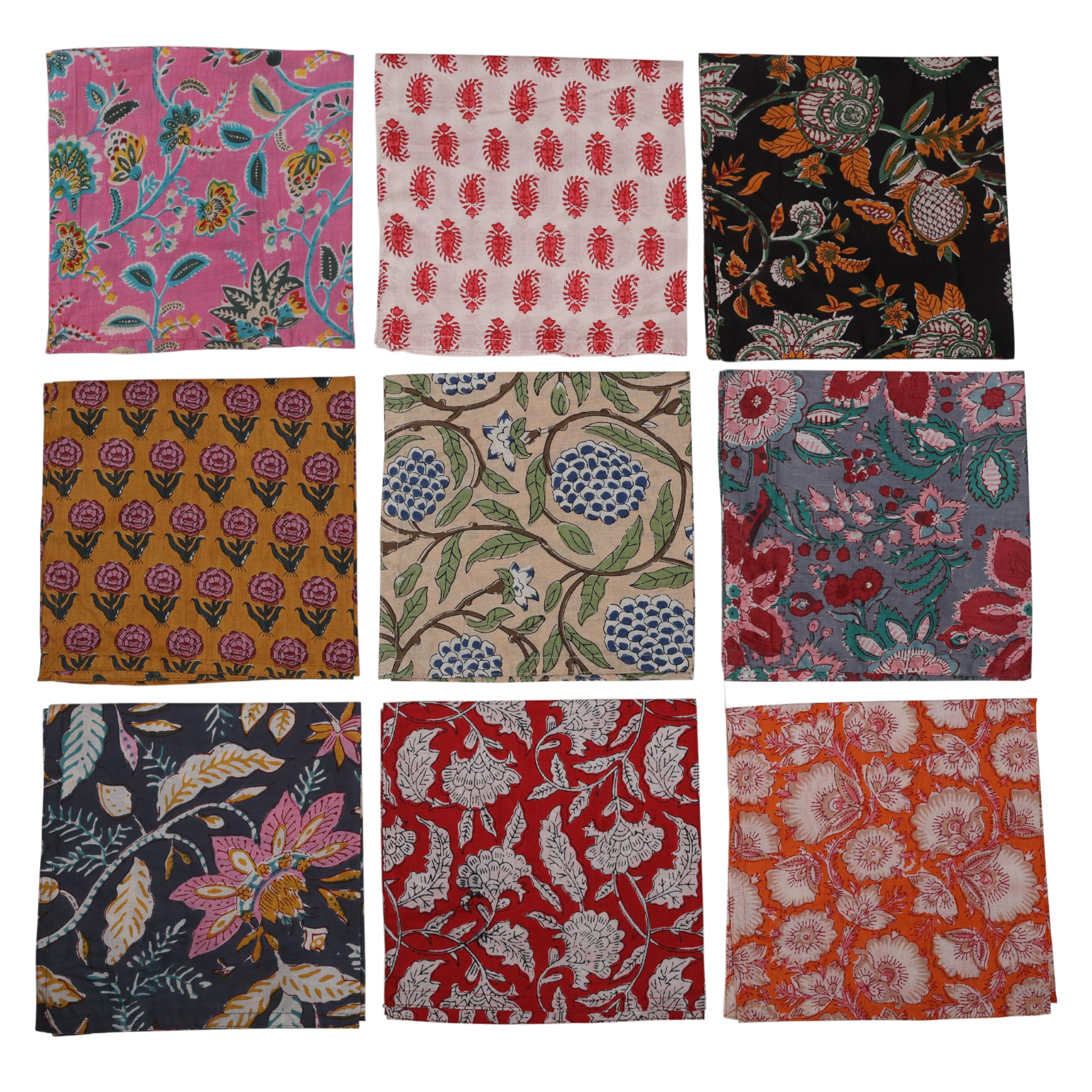 Marubhumi 10 Pc Cotton Cloth Napkins- Hand Block Print, Eco-Friendly, Dinner Napkins, Floral,Hand Made Size 16x16 Inch Printed Home Decor Multicolored