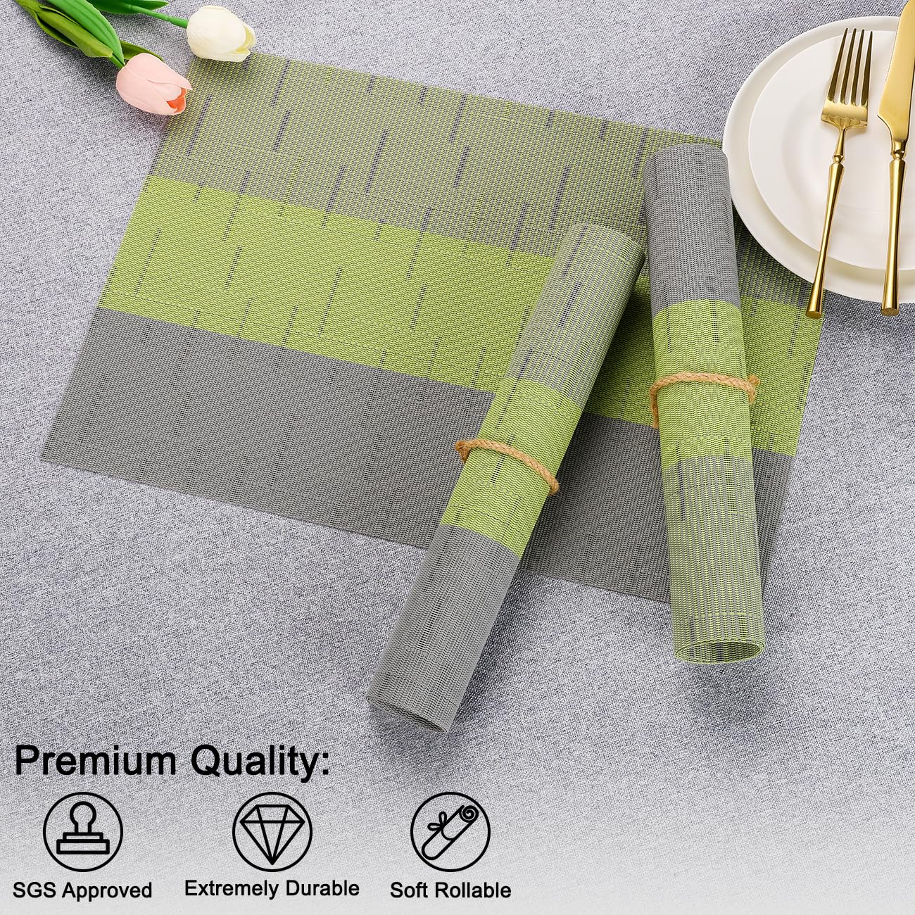 Chitomars Placemats Set of 8, Vinyl Woven Heat-Resistant Place Mats, Grey Grass Green - Image 6