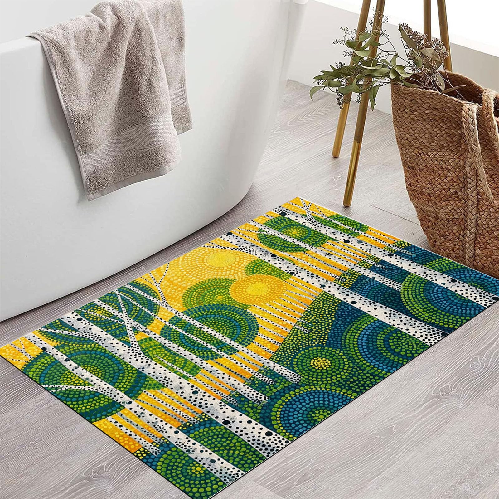 Zerbino Ingresso Interno 80X120Cm Foresta Astratta Pois Tappeto Lavabile Antiscivolo Dipinto Olio Raffigurante Betulla Passatoia Corridoio Sottile Zerbino Per Porta Di Casa Cucina Ufficio,Giallo-Verde