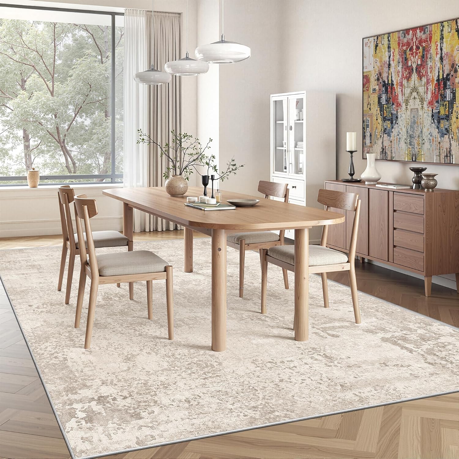 Art&Tuft Washable Rugs 6x9, Abstract Area Rugs for Living Room - Non Slip and Low Pile Soft Thin 6x9 Rug for Bedroom, Dining Room, Kitchen, Office, Beige