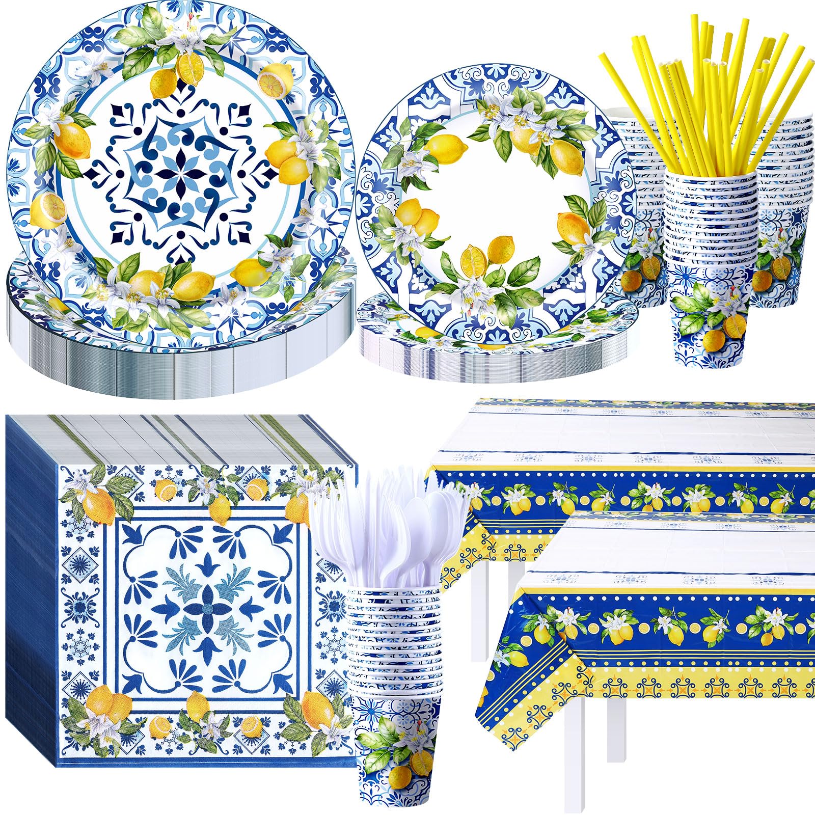 Dingion 227 Pcs Amalfi Coast Lemon Party Supplies Capri Lemon Party Positano Tableware Decorations Summer Mediterranean Decorations Disposable Plates