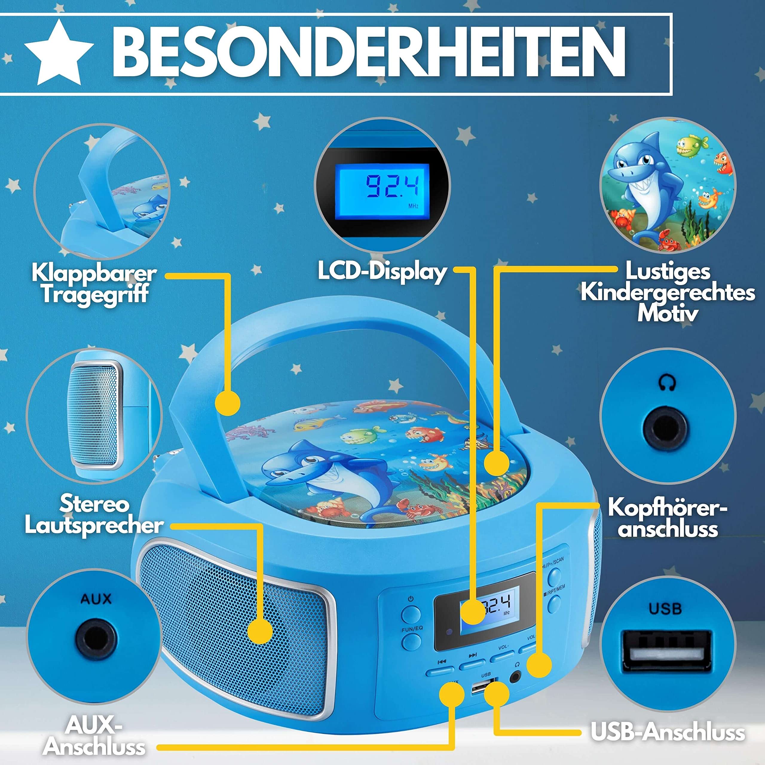 Cyberlux Tragbare Boombox | FM Radio | AUX-In | CD/CD-R | USB | Kopfhöreranschluss | CD-Player | Kinder Radio | CD-Radio | Kompaktanlage | Stereoanlage | Boombox, Bubble Blau
