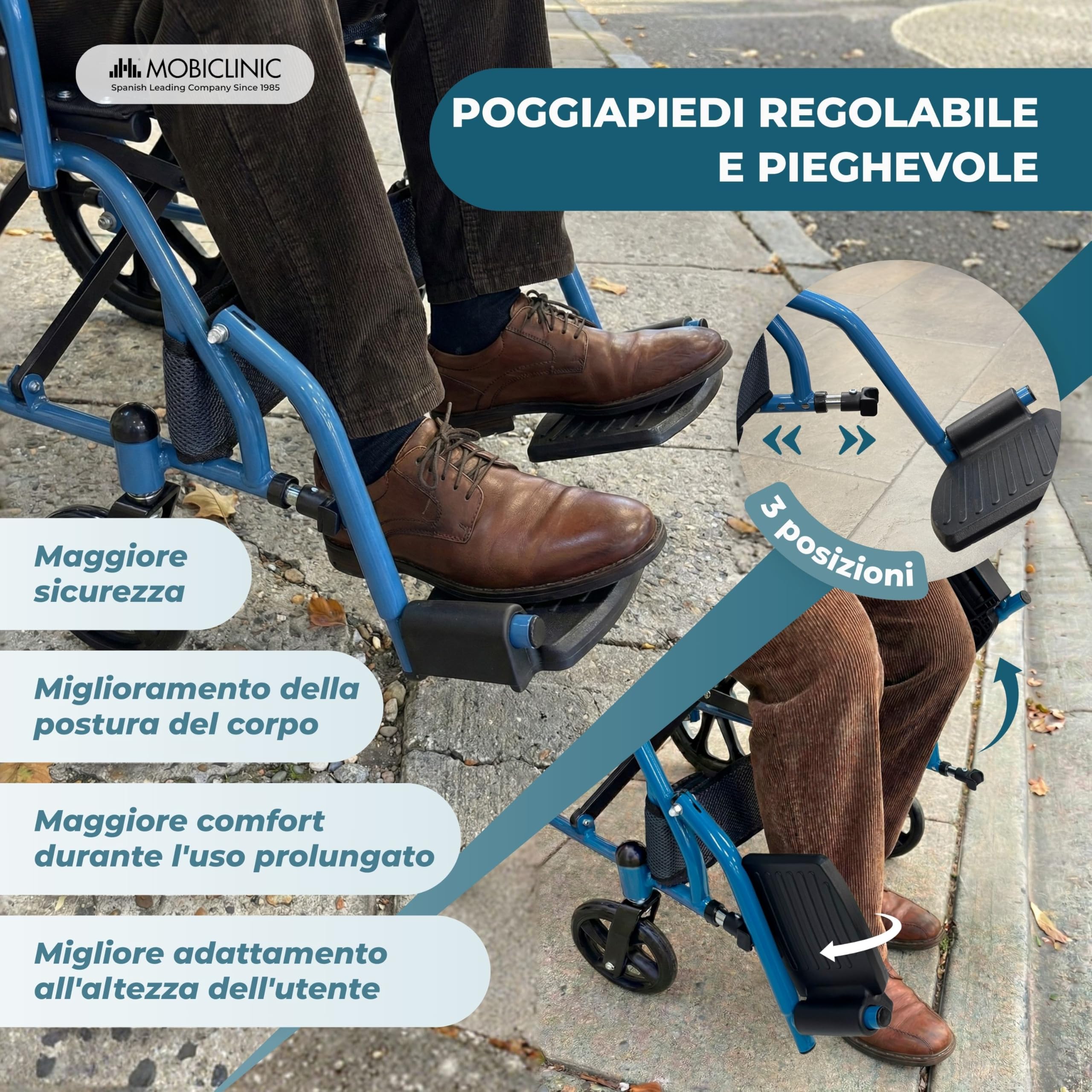 Mobiclinic®, Sedia a Rotelle Pieghevole Leggera, da Transito, Schienale Pieghevole, Poggiapiedi Pieghevoli, Doppio Sistema Frenante, Acciaio Rinforzato, Fino a 100 kg, Leggera e Compatta, Faraón